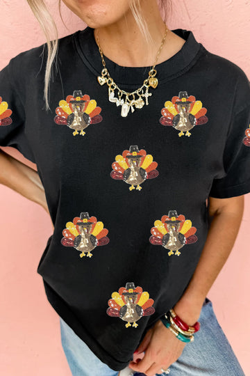 Black Sequin Turkey Round Neck Casual T-Shirt
