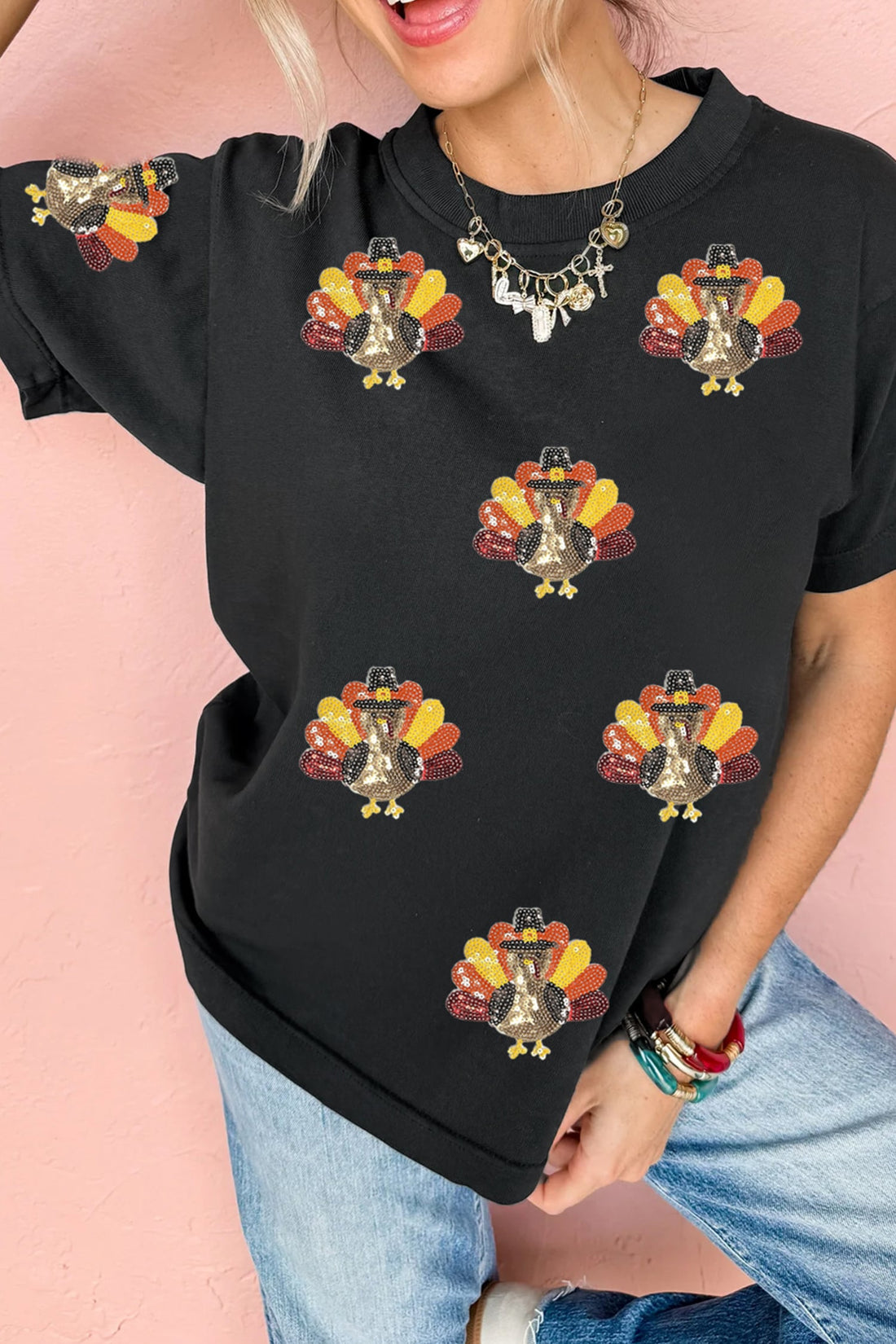Black Sequin Turkey Round Neck Casual T-Shirt