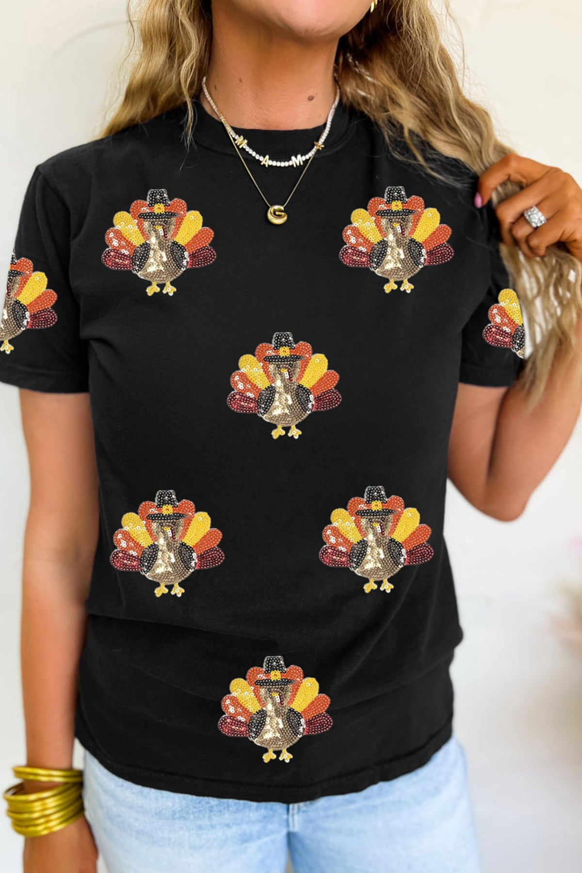 Black Sequin Turkey Round Neck Casual T-Shirt