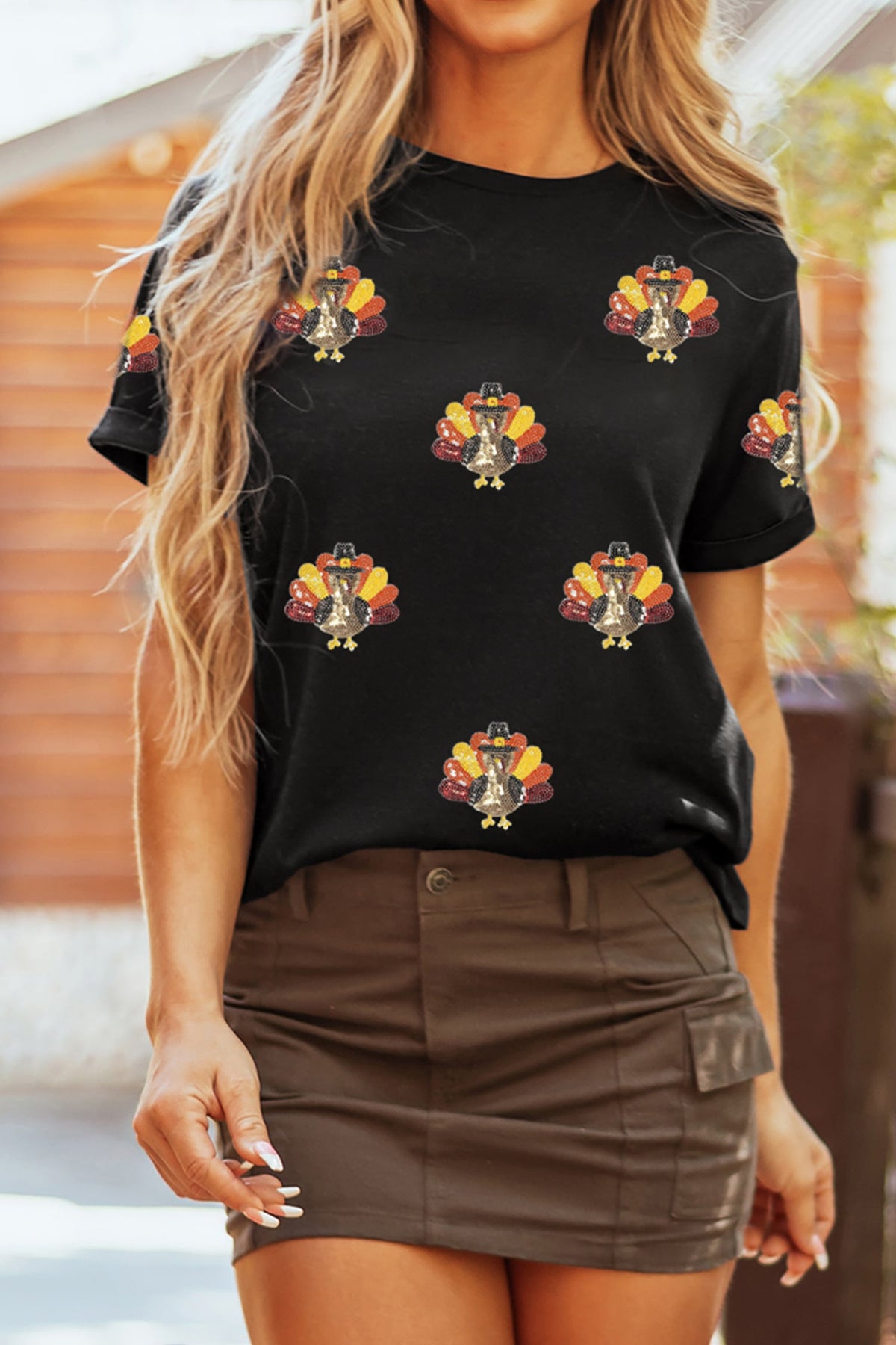 Black Sequin Turkey Round Neck Casual T-Shirt