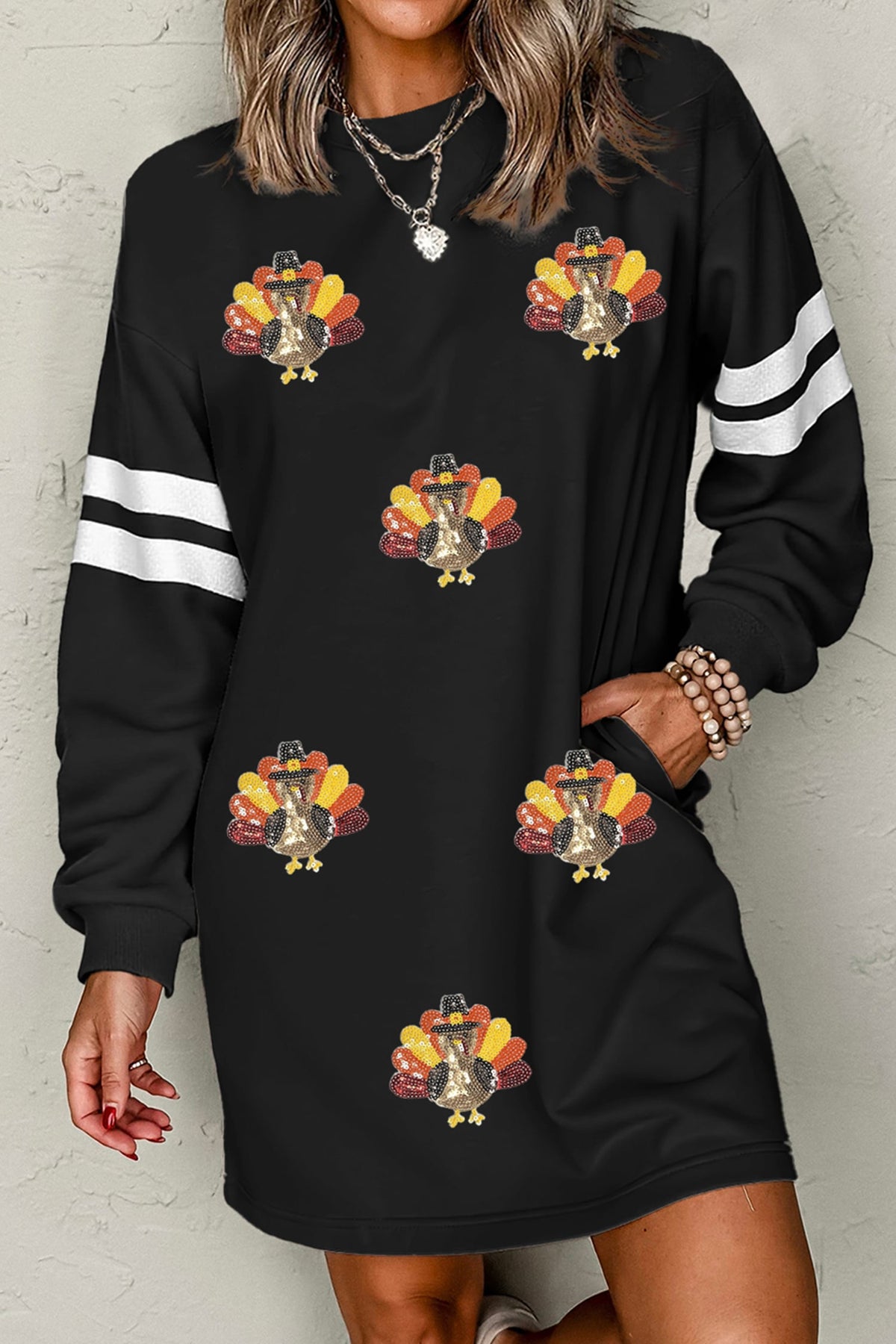 Black Sequin Turkey Thanksgiving Graphic Varsity Long Sleeve Shift Dress