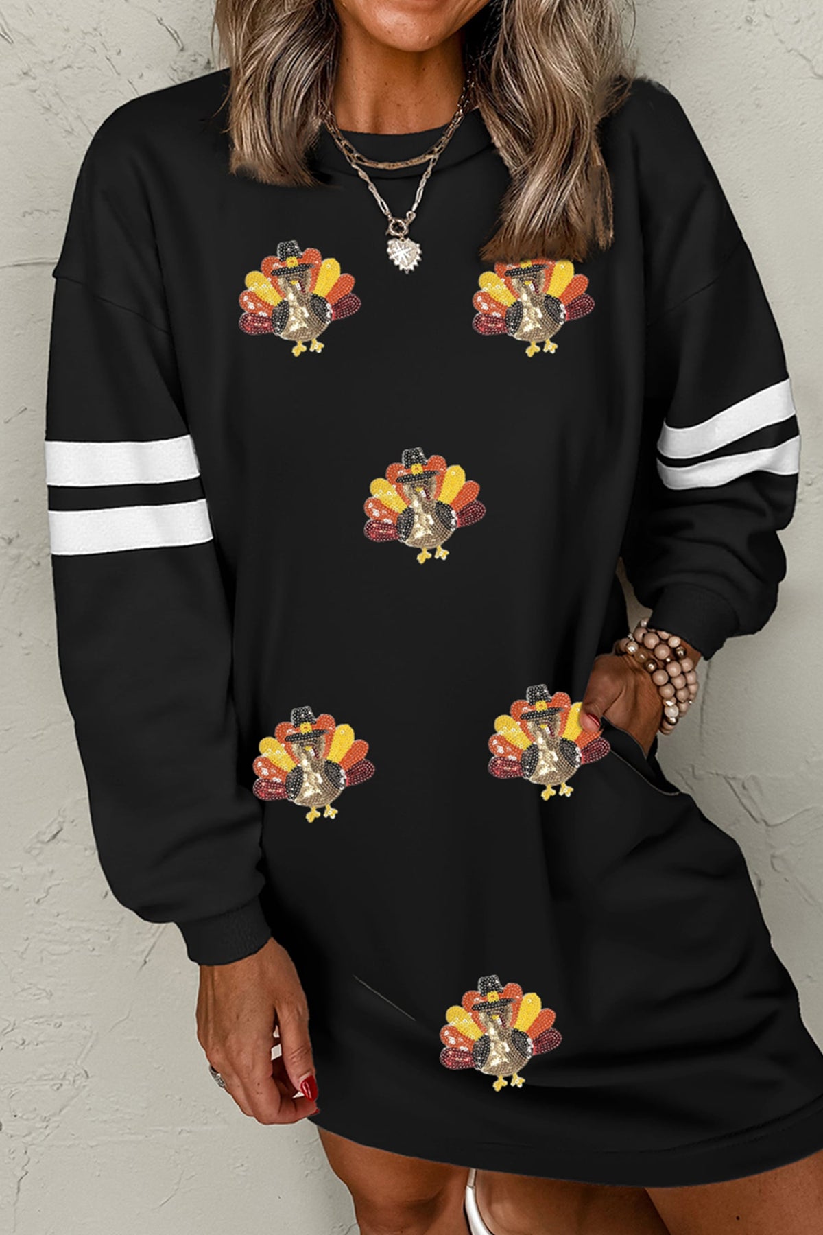 Black Sequin Turkey Thanksgiving Graphic Varsity Long Sleeve Shift Dress