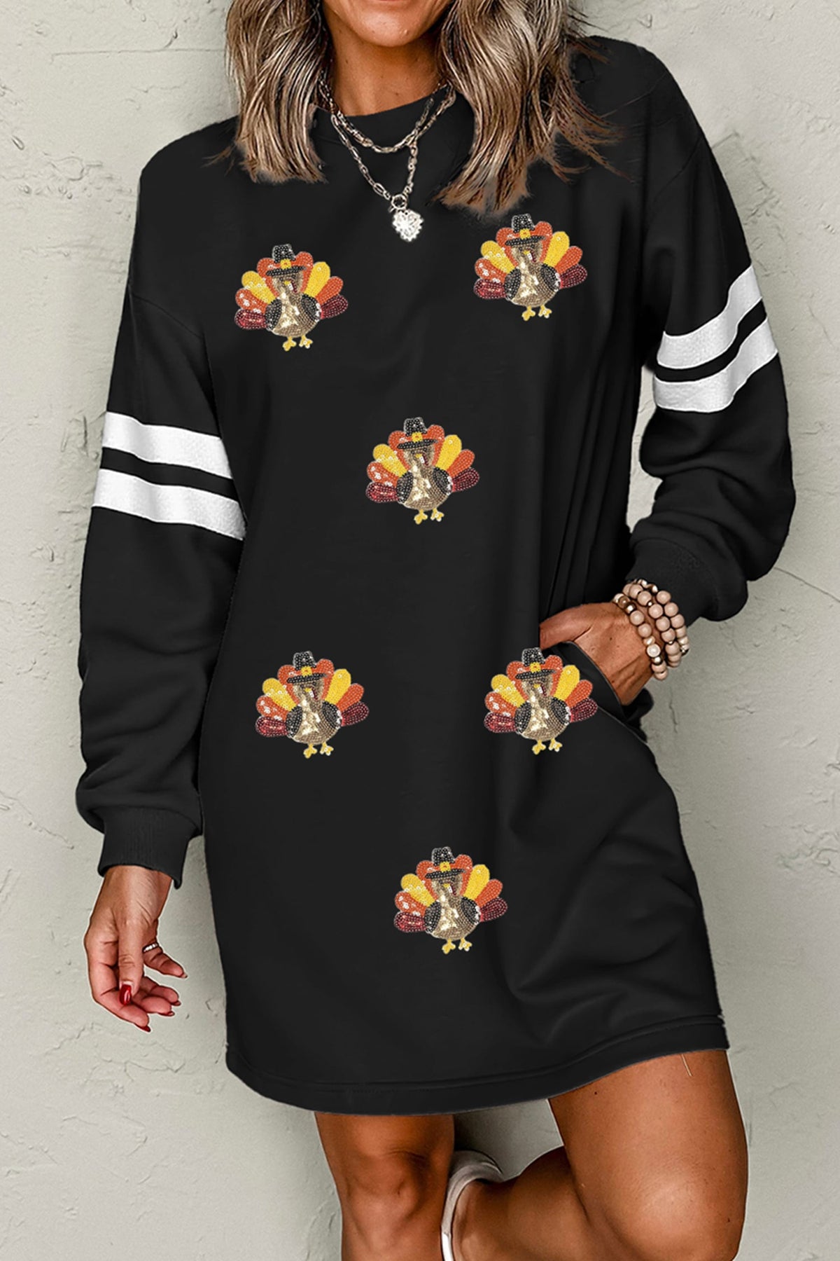 Black Sequin Turkey Thanksgiving Graphic Varsity Long Sleeve Shift Dress