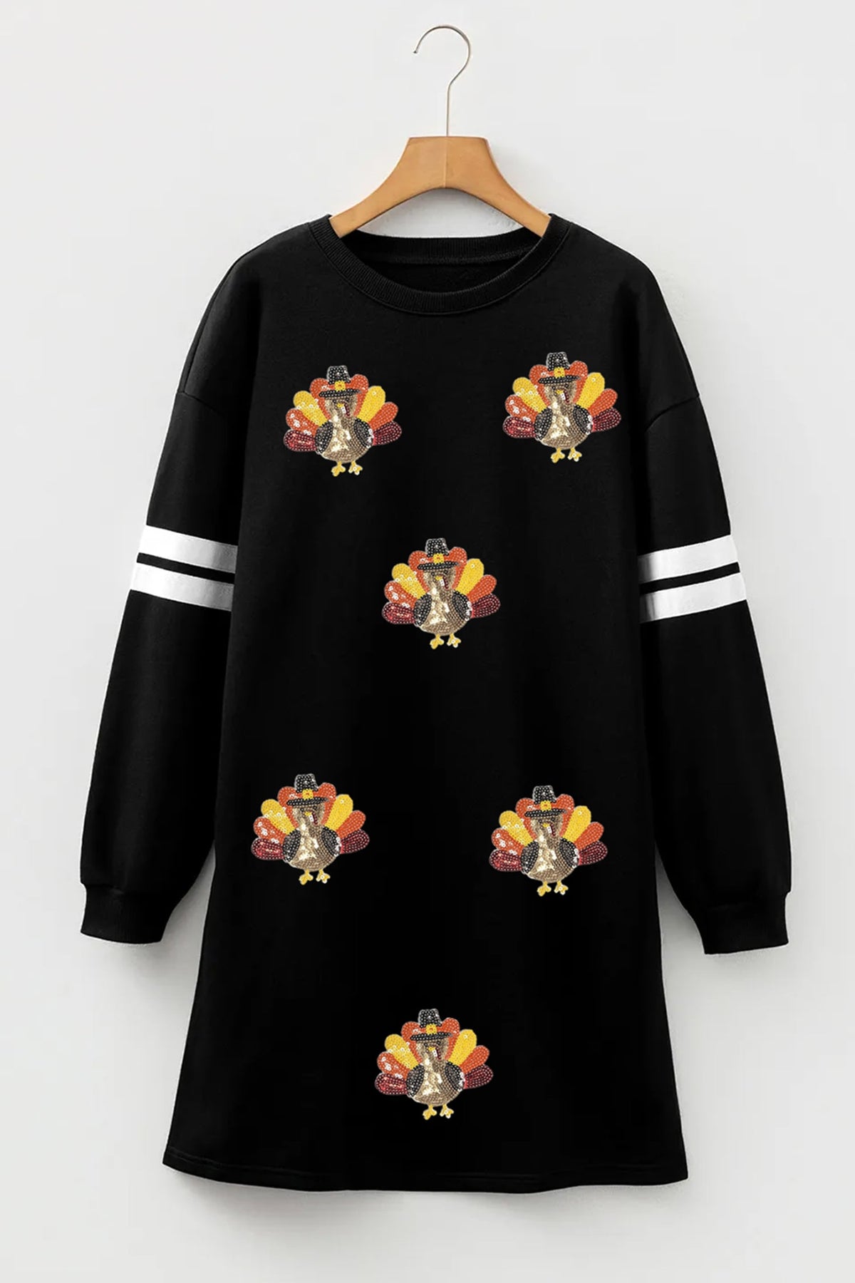 Black Sequin Turkey Thanksgiving Graphic Varsity Long Sleeve Shift Dress
