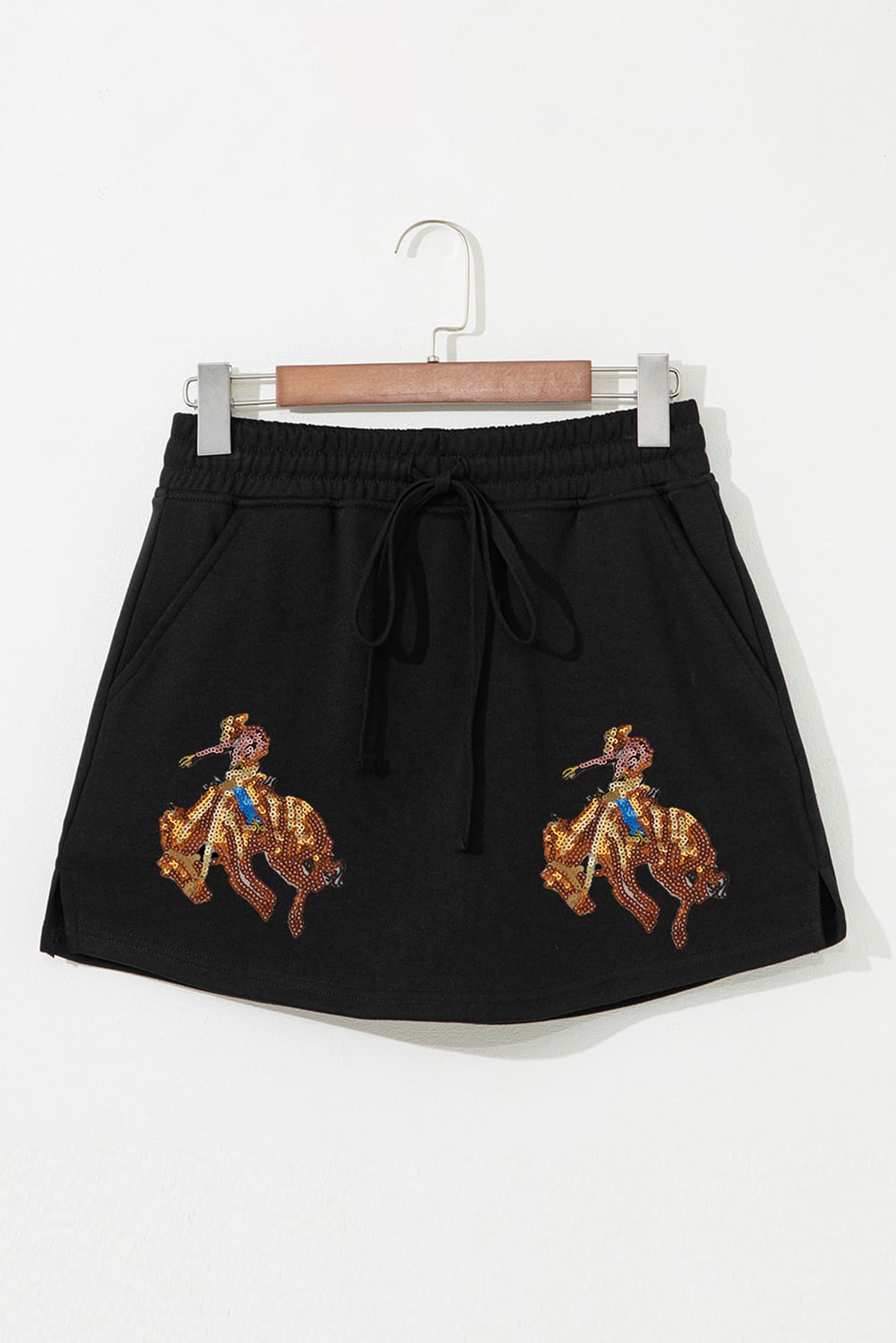 Black Sequin Western Cowboy Patched Lace-up High Waist Skort