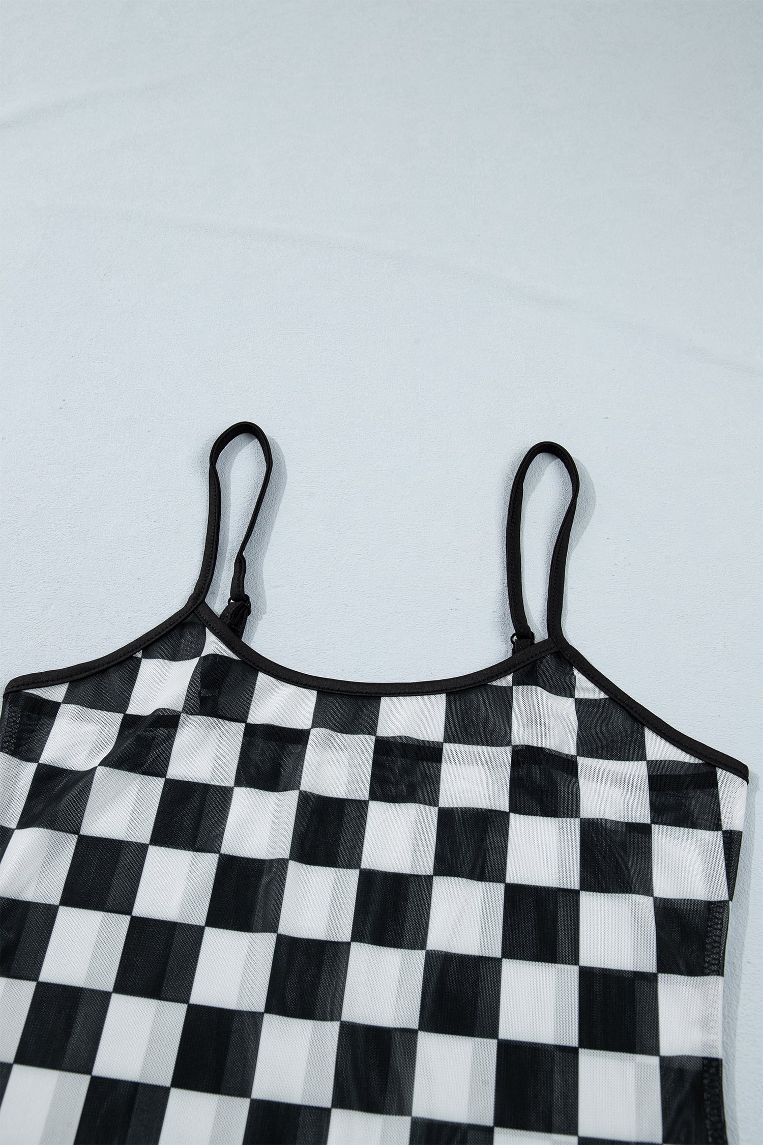 Black Sheer Checkered Print Spaghetti Straps Slim Tank Top