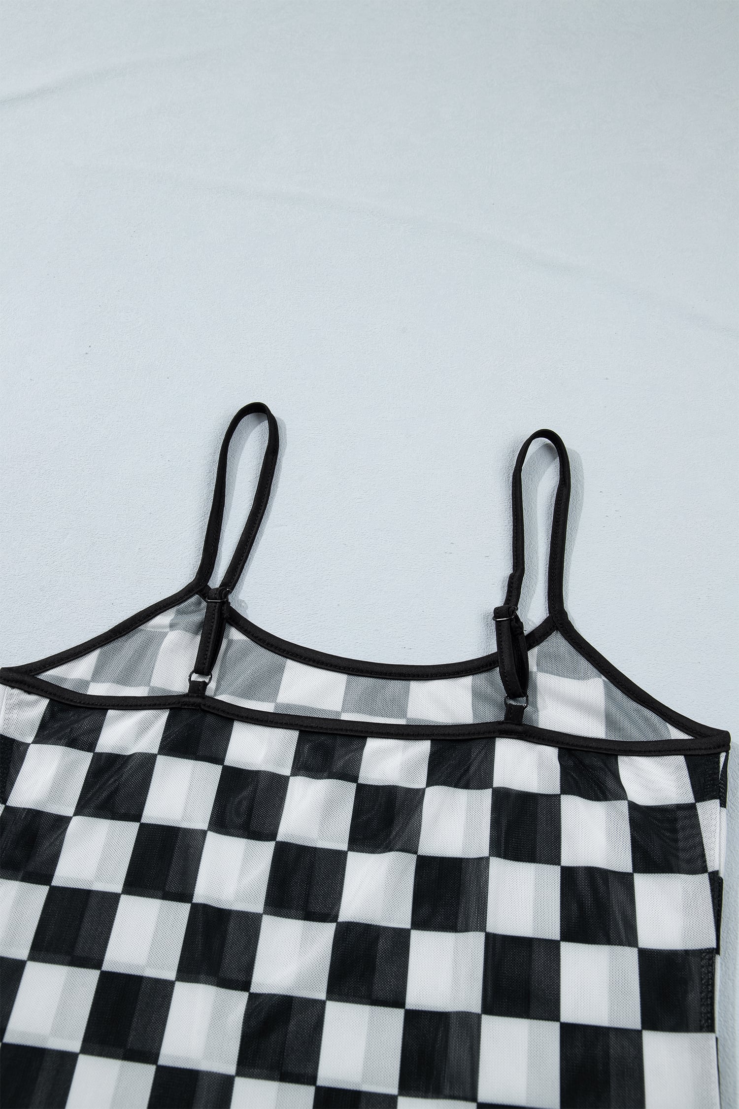 Black Sheer Checkered Print Spaghetti Straps Slim Tank Top
