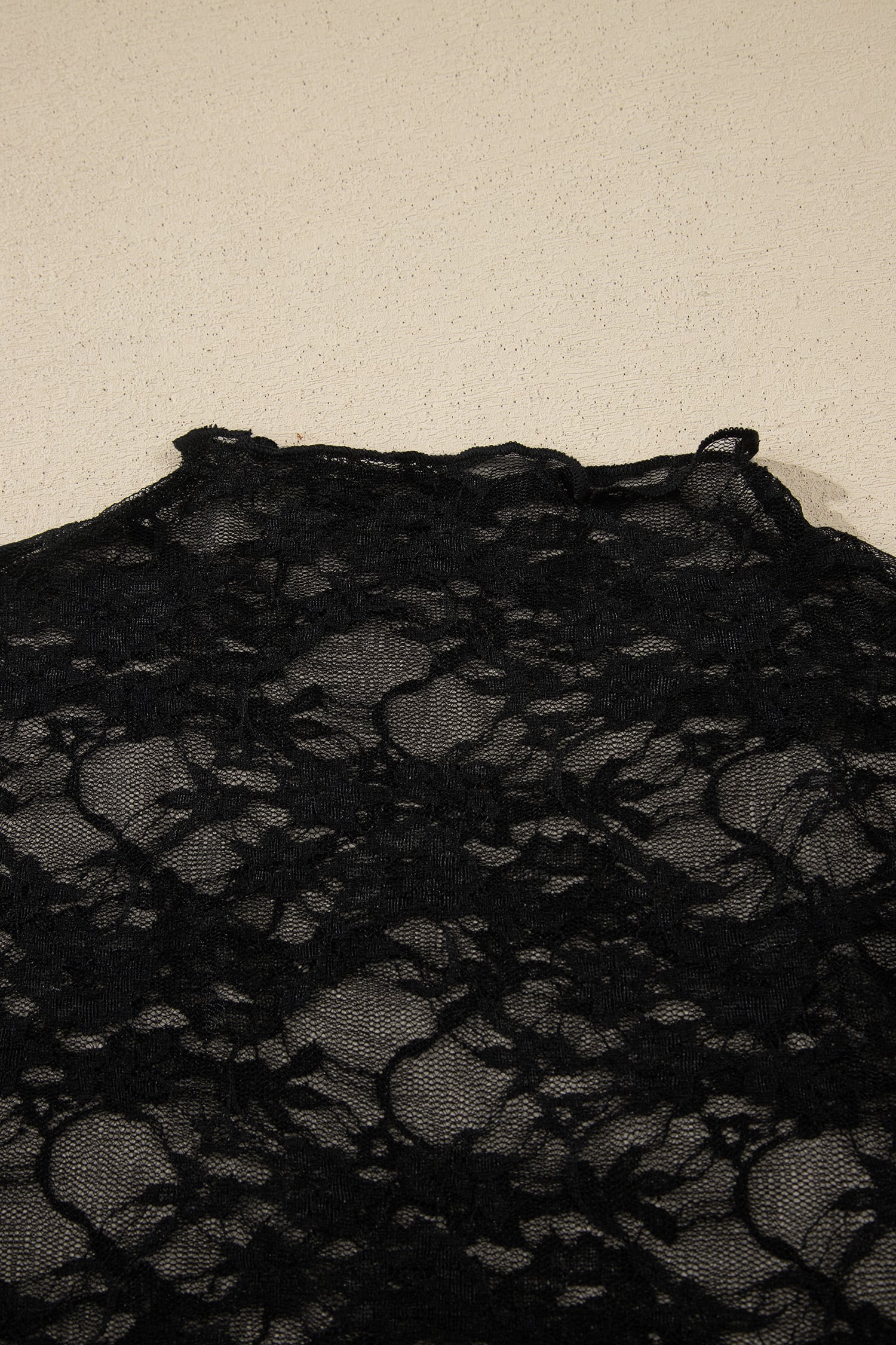 Black Sheer Floral Lace Lettuce Trim Mock Neck Long Sleeve Top
