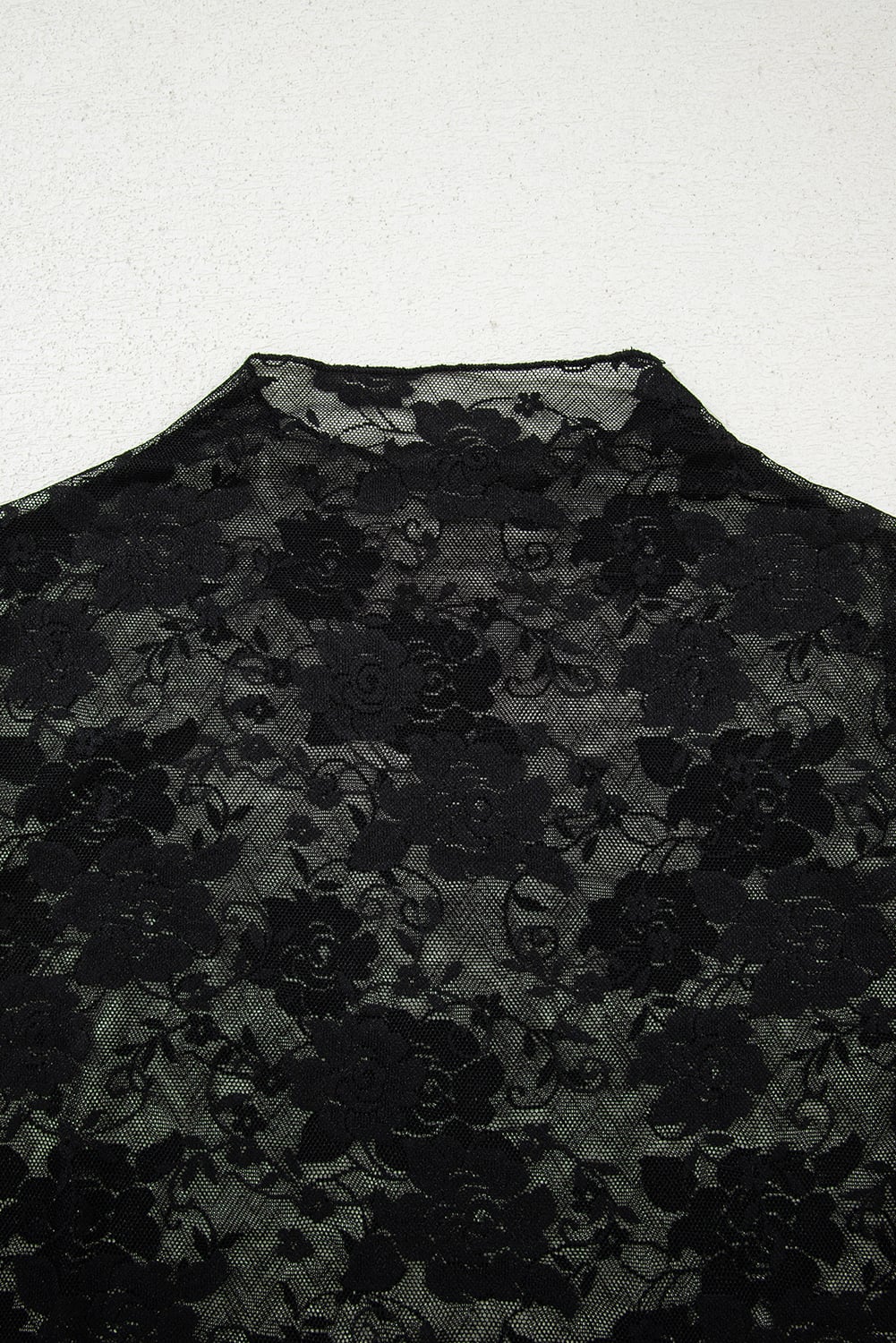 Black Sheer Floral Lace Mesh Mock Neck Long Sleeve Top