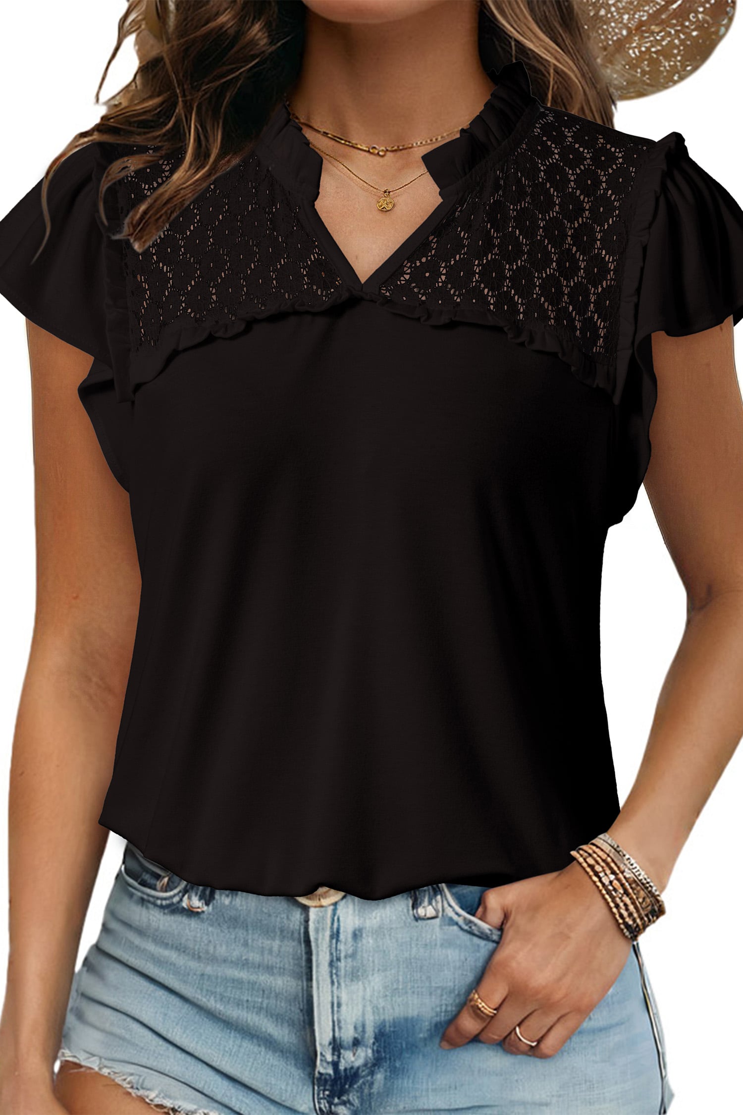 Black Sheer Lace Splicing Split Neck Ruffle Short Sleeve Blouse