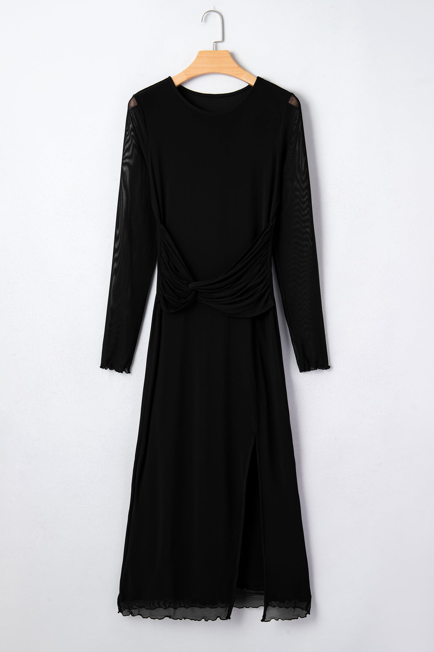 Black Sheer Mesh Long Sleeve Twisted Knot Side Slit Midi Dress