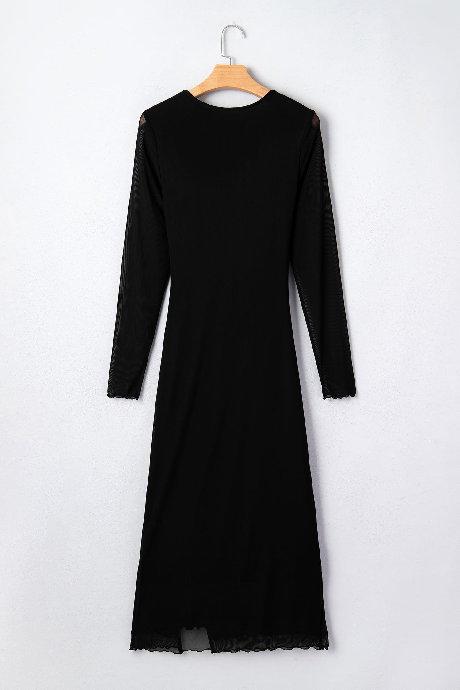 Black Sheer Mesh Long Sleeve Twisted Knot Side Slit Midi Dress