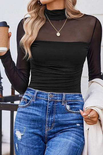 Black Sheer Mesh Patchwork High Neck Long Sleeve Top
