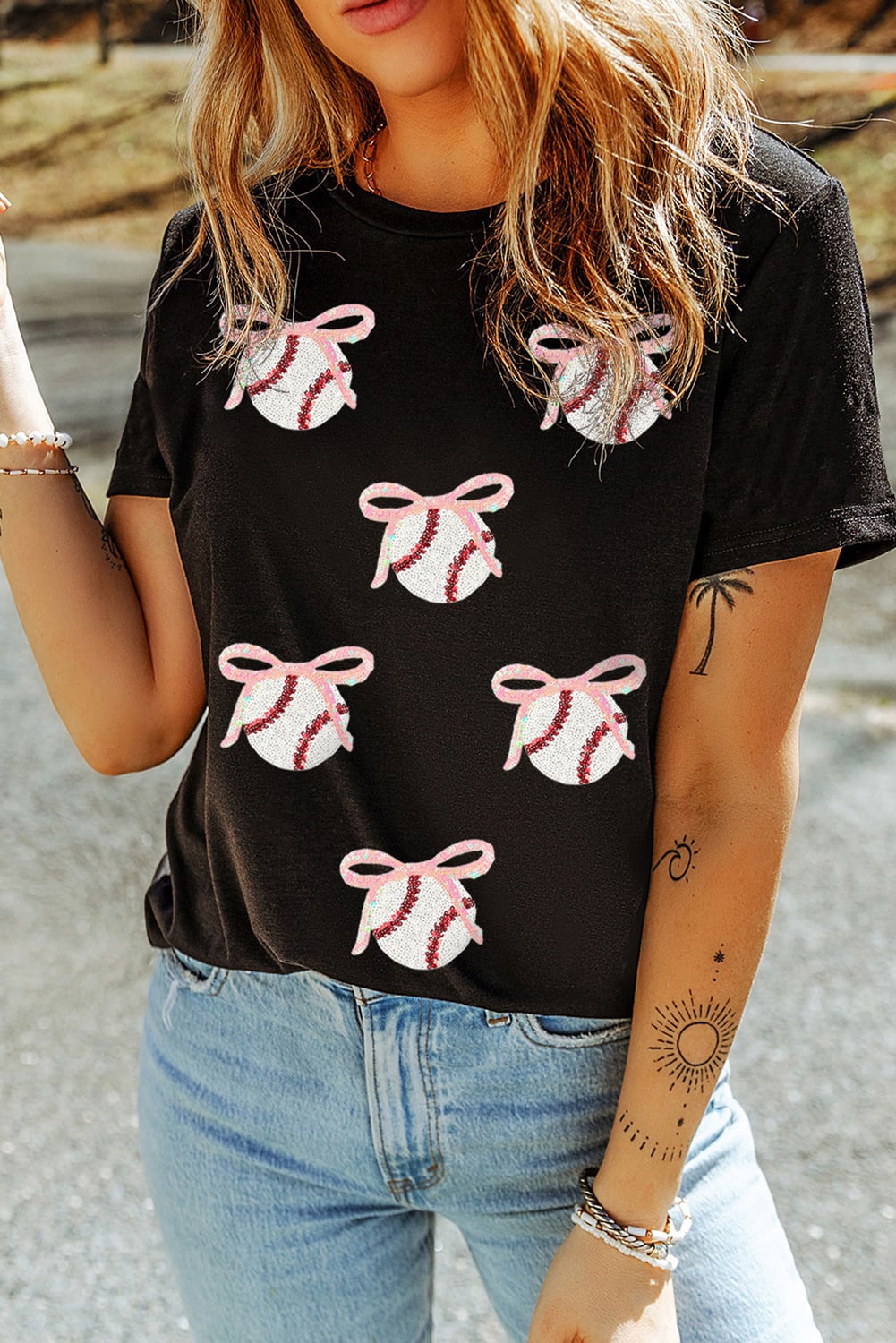 Black Shimmering Sequin Bow Ball Patterned Game Day Casual Tee