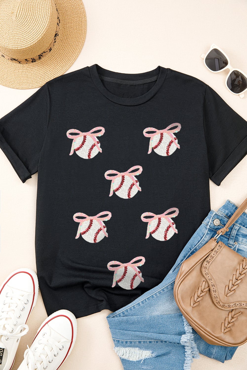 Black Shimmering Sequin Bow Ball Patterned Game Day Casual Tee