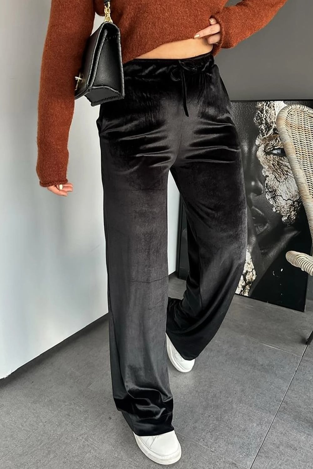 Black Shiny Velvet Drawstring High Waist Straight Leg Casual Pants