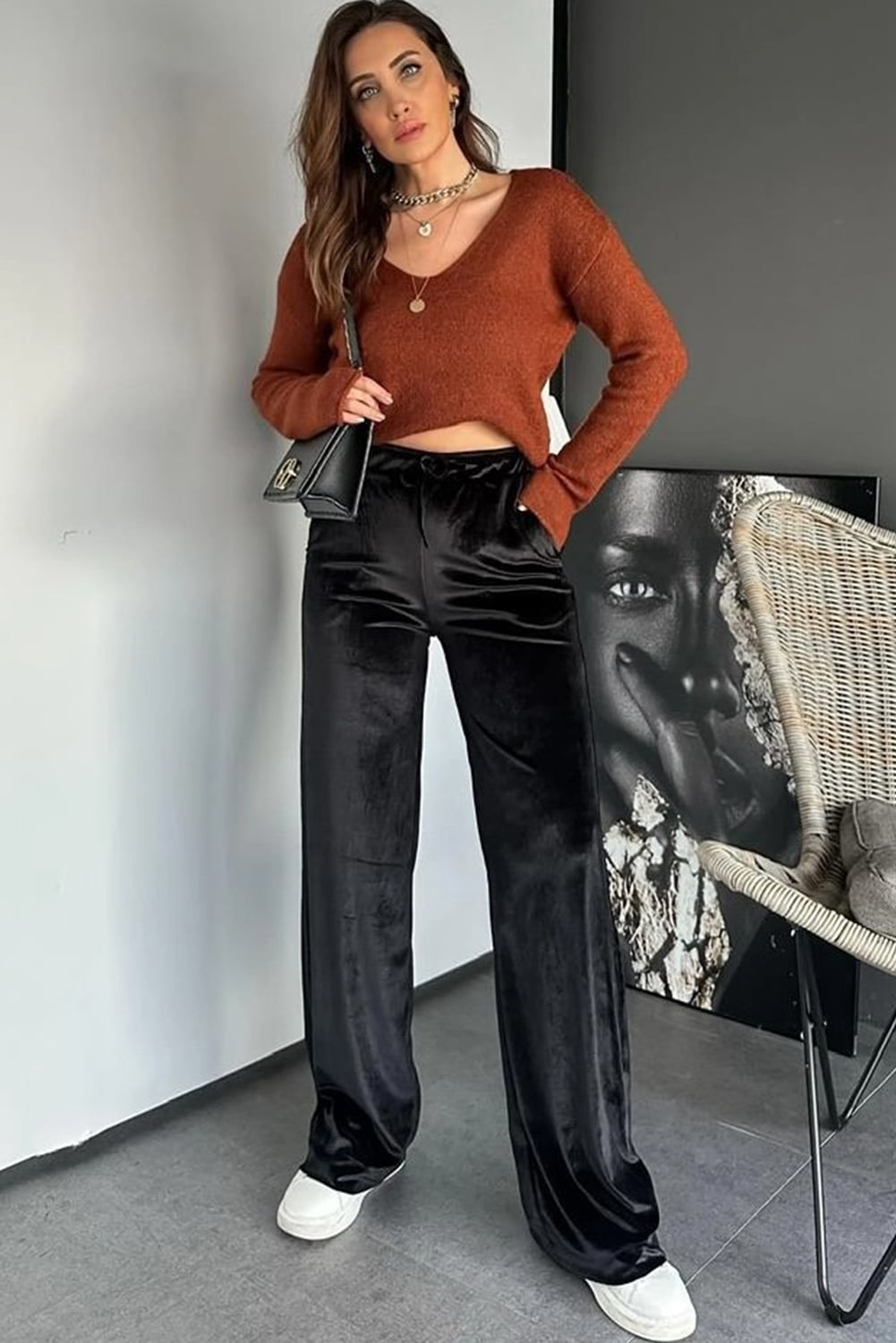 Black Shiny Velvet Drawstring High Waist Straight Leg Casual Pants