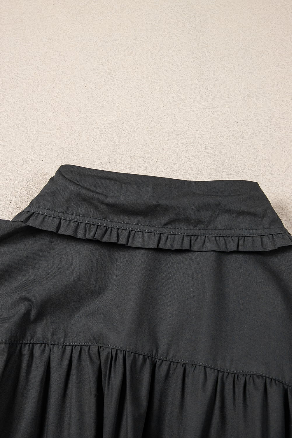 Black Shirt Style Button Down Puff Sleeve Ruffle Hem Dress