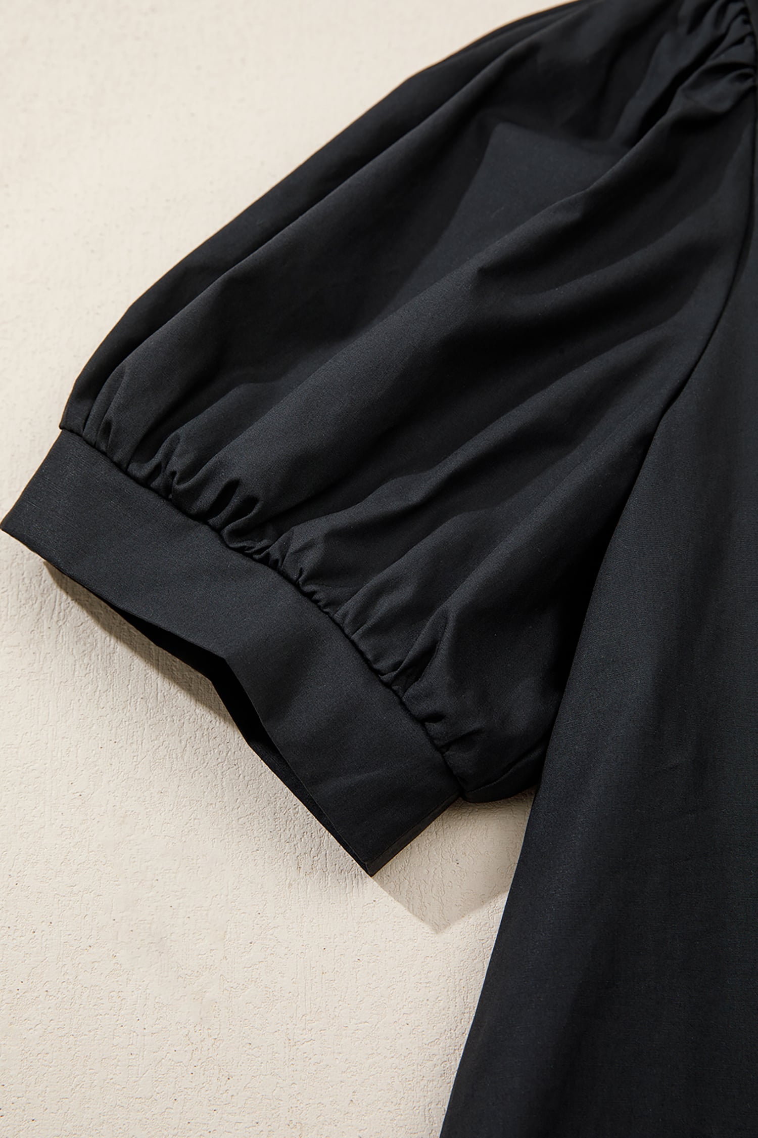 Black Short Puff Sleeve Contrast Embroidered Detail V Neck Blouse