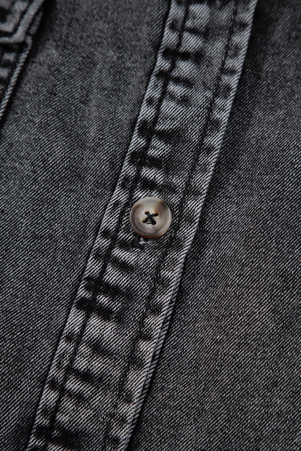 Black Short Sleeve Flap Pocket Button Up Raw Hem Denim Shirt
