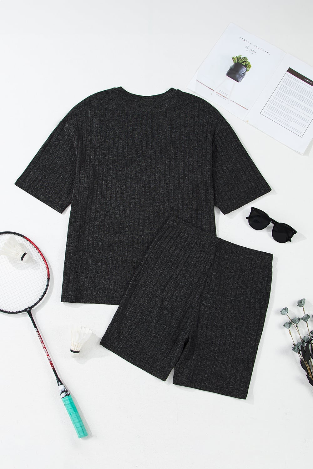 Black Soft Ribbed Loose Tee Slim Shorts 2pcs Sporty Set