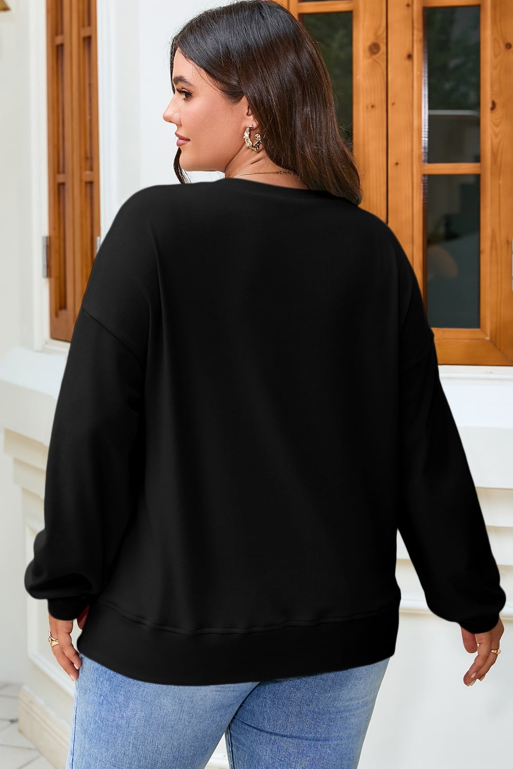Black Solid Button Placket Crew Neck Plus Size Sweatshirt