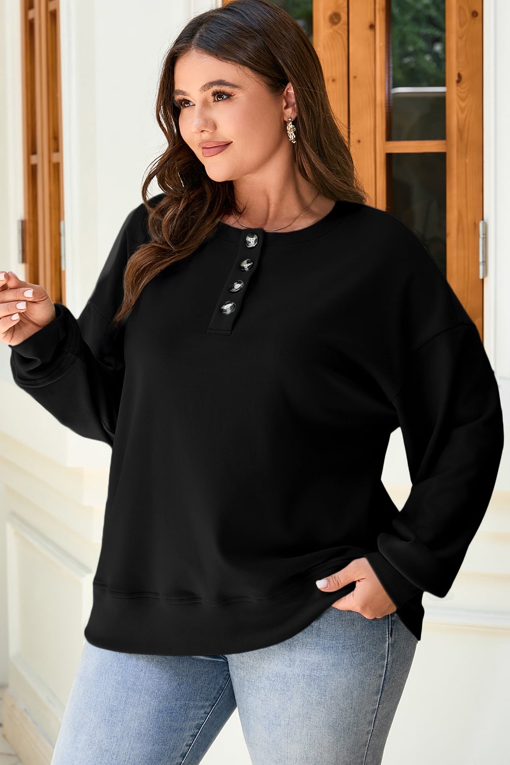 Black Solid Button Placket Crew Neck Plus Size Sweatshirt