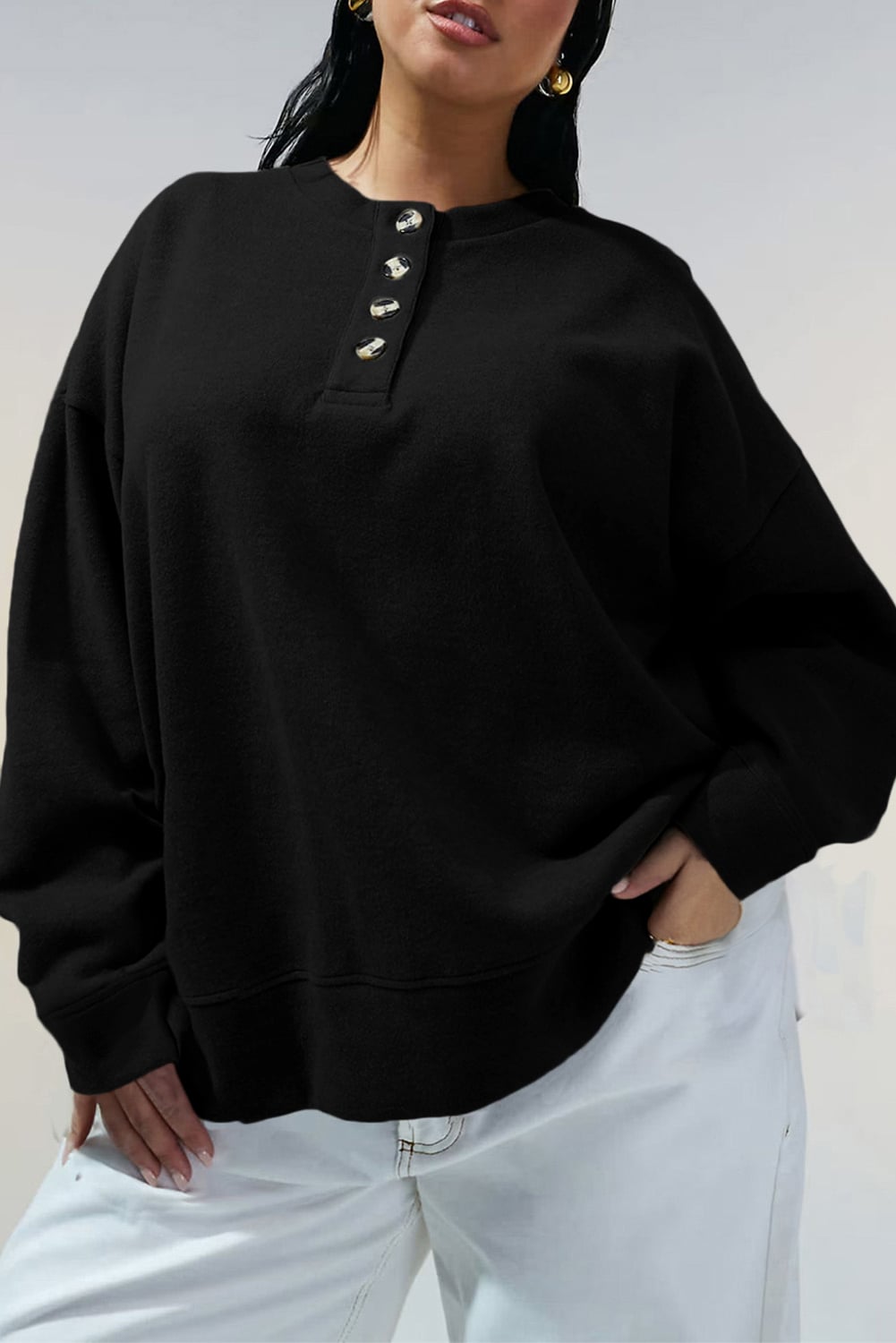 Black Solid Button Placket Crew Neck Plus Size Sweatshirt