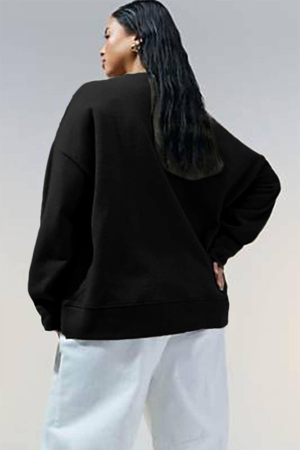 Black Solid Button Placket Crew Neck Plus Size Sweatshirt