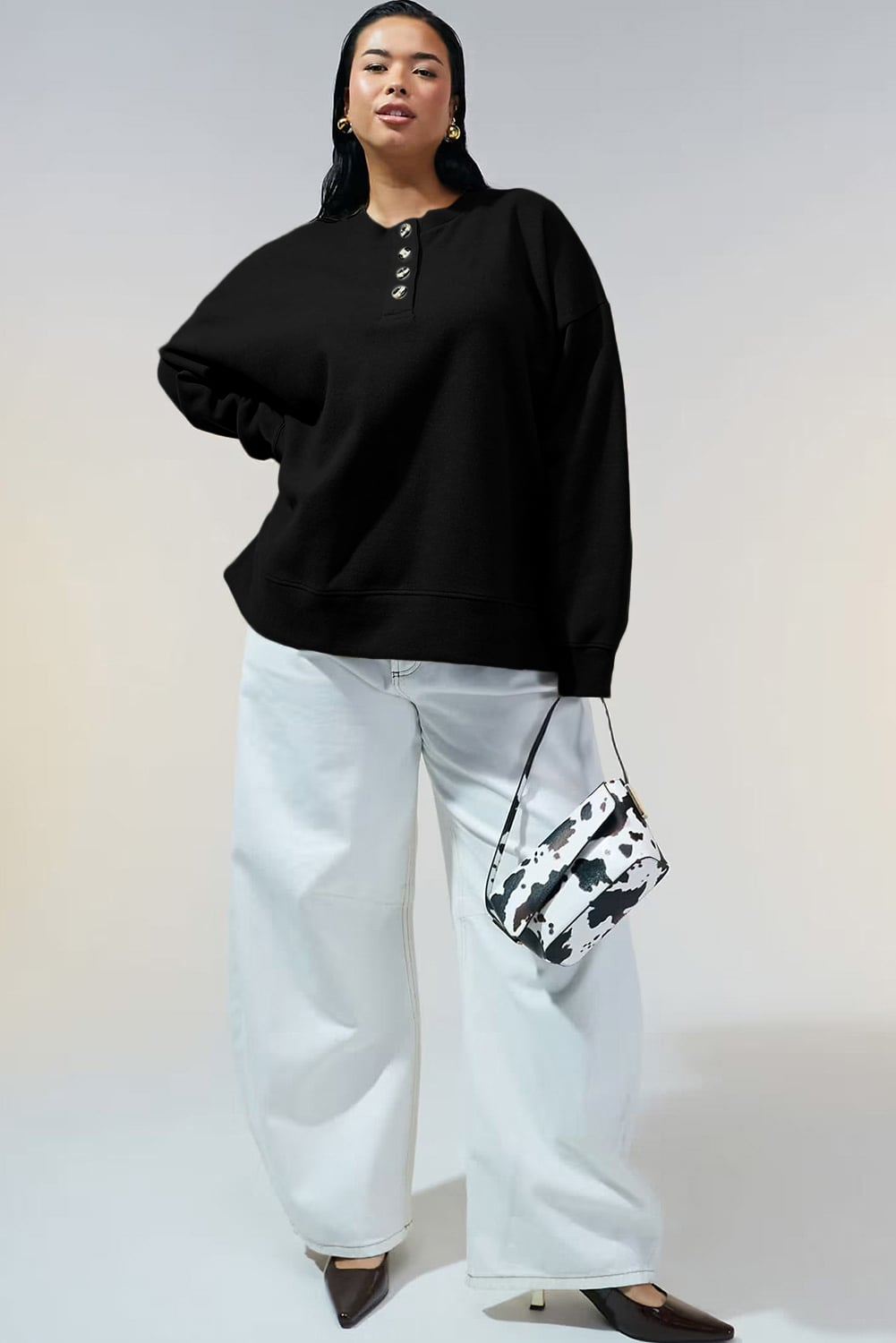Black Solid Button Placket Crew Neck Plus Size Sweatshirt