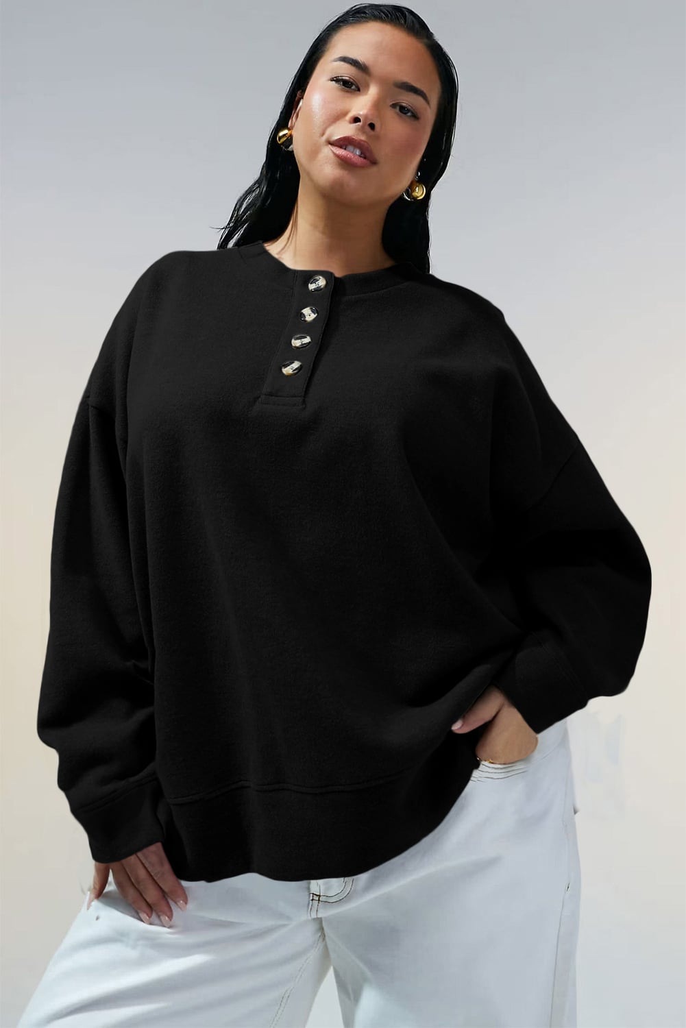 Black Solid Button Placket Crew Neck Plus Size Sweatshirt