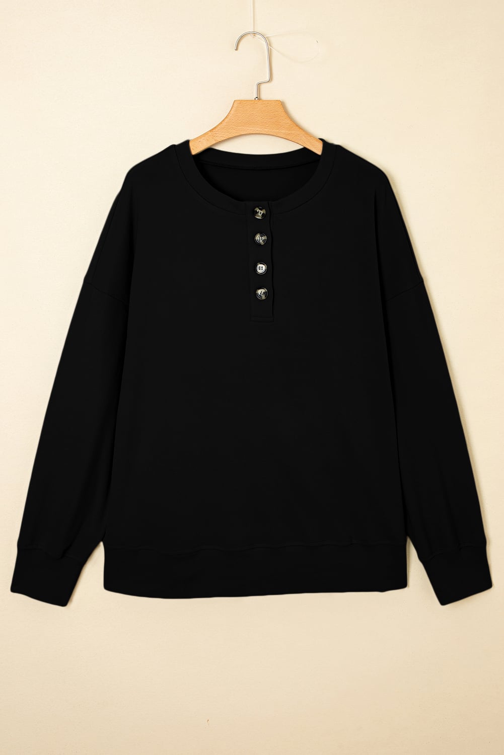 Black Solid Button Placket Crew Neck Plus Size Sweatshirt