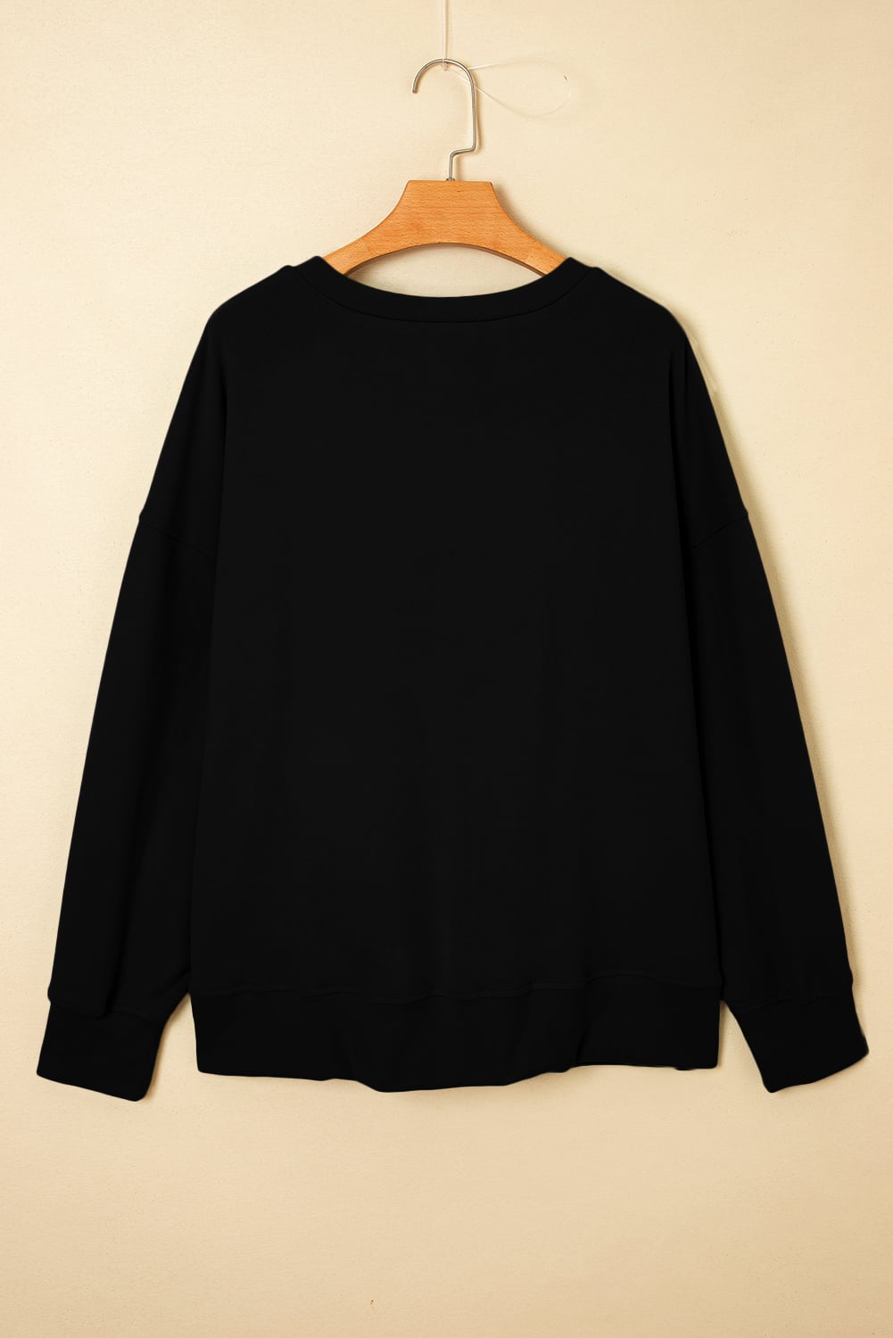 Black Solid Button Placket Crew Neck Plus Size Sweatshirt
