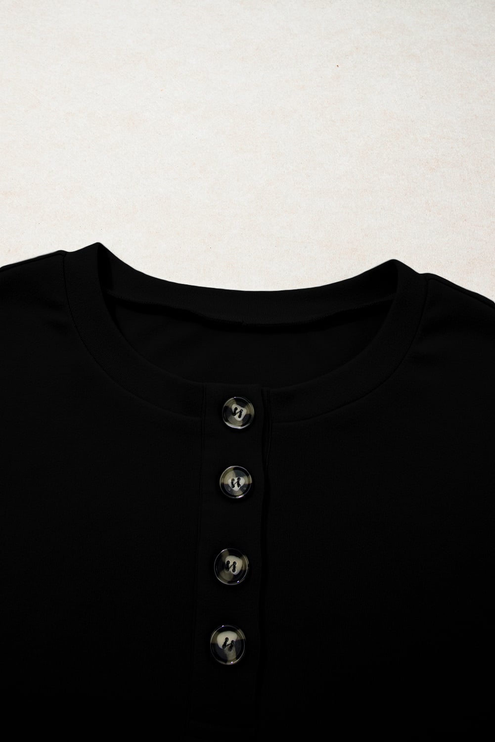 Black Solid Button Placket Crew Neck Plus Size Sweatshirt