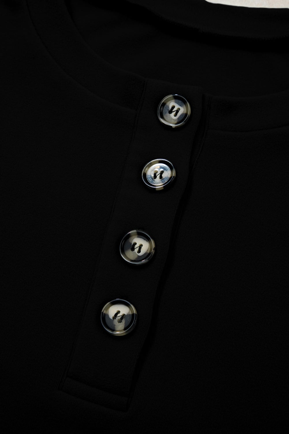 Black Solid Button Placket Crew Neck Plus Size Sweatshirt