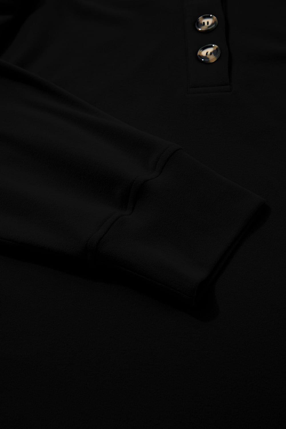 Black Solid Button Placket Crew Neck Plus Size Sweatshirt