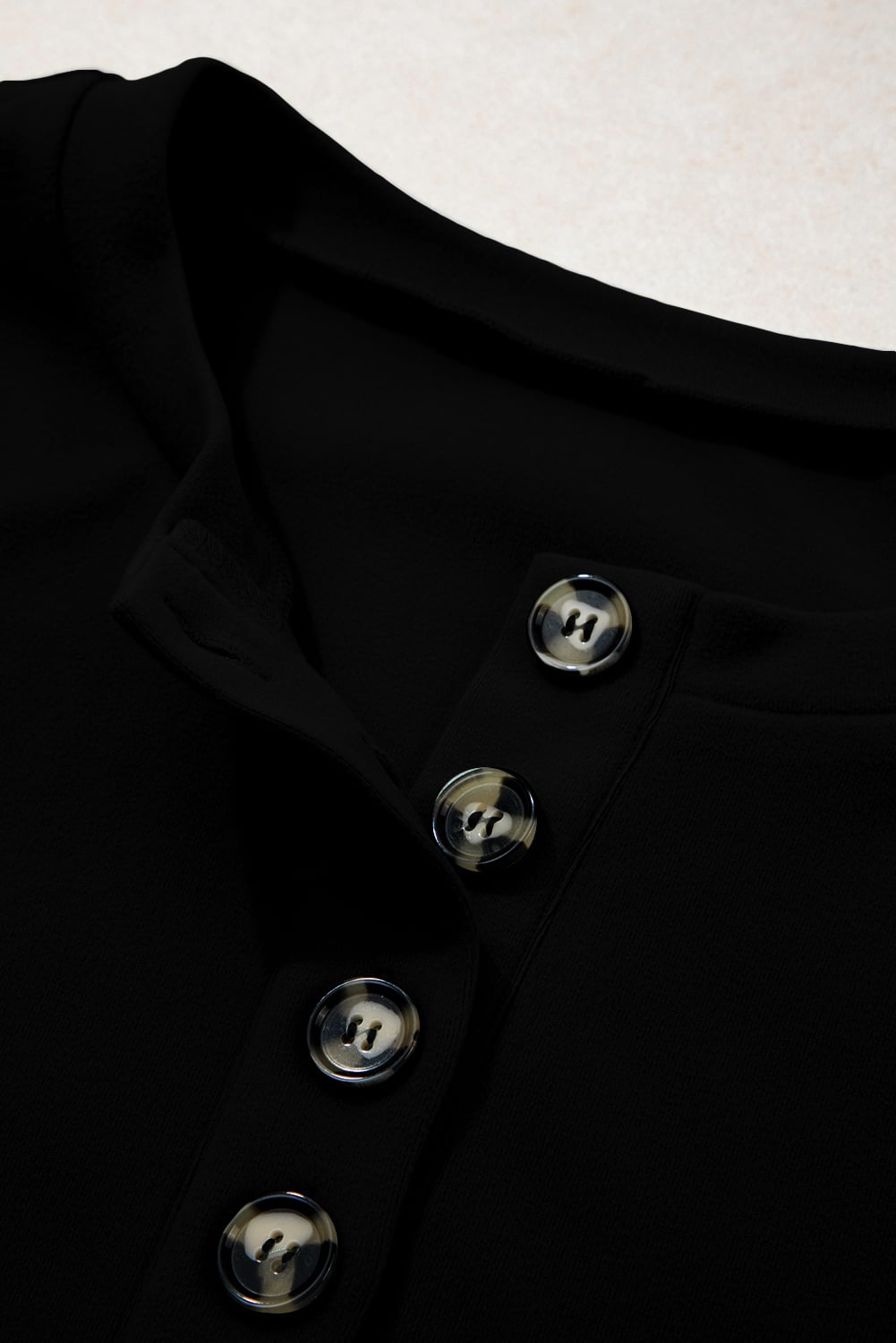 Black Solid Button Placket Crew Neck Plus Size Sweatshirt