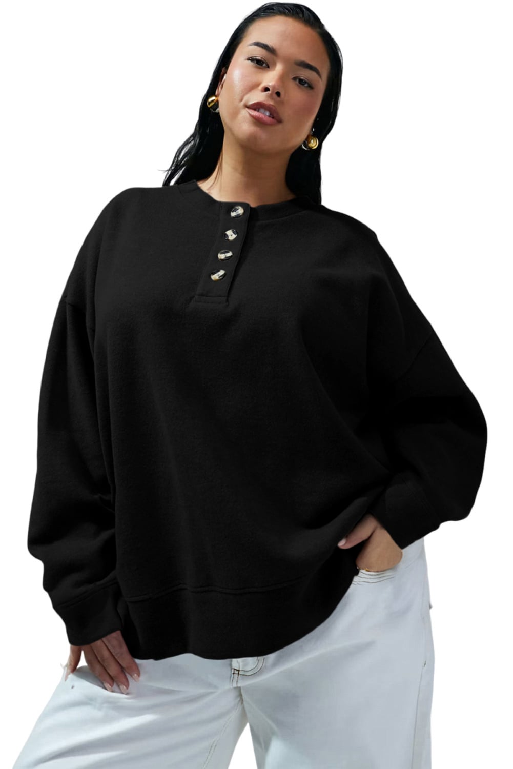 Black Solid Button Placket Crew Neck Plus Size Sweatshirt