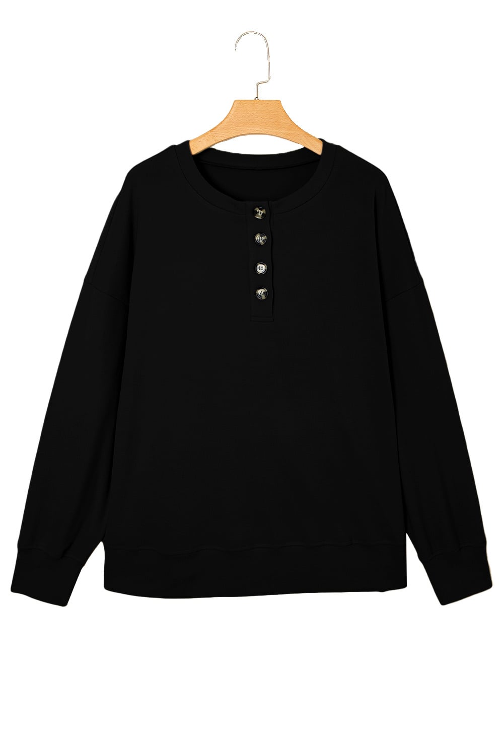 Black Solid Button Placket Crew Neck Plus Size Sweatshirt
