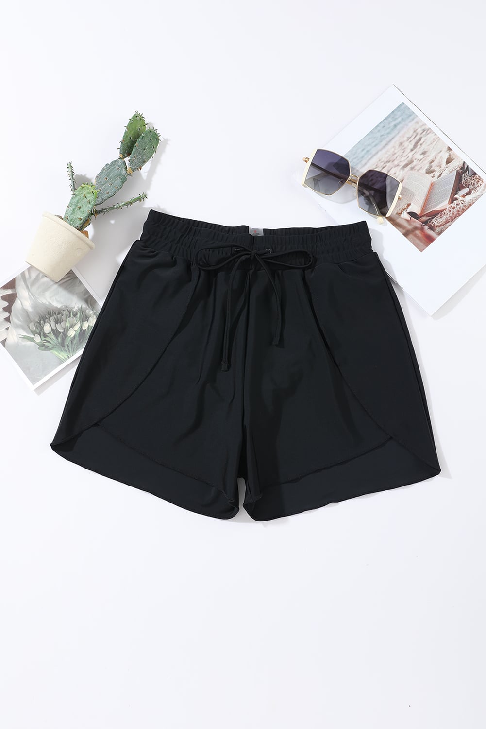 Black Solid Color 2-in-1 Drawstring Elastic Waist Swim Shorts