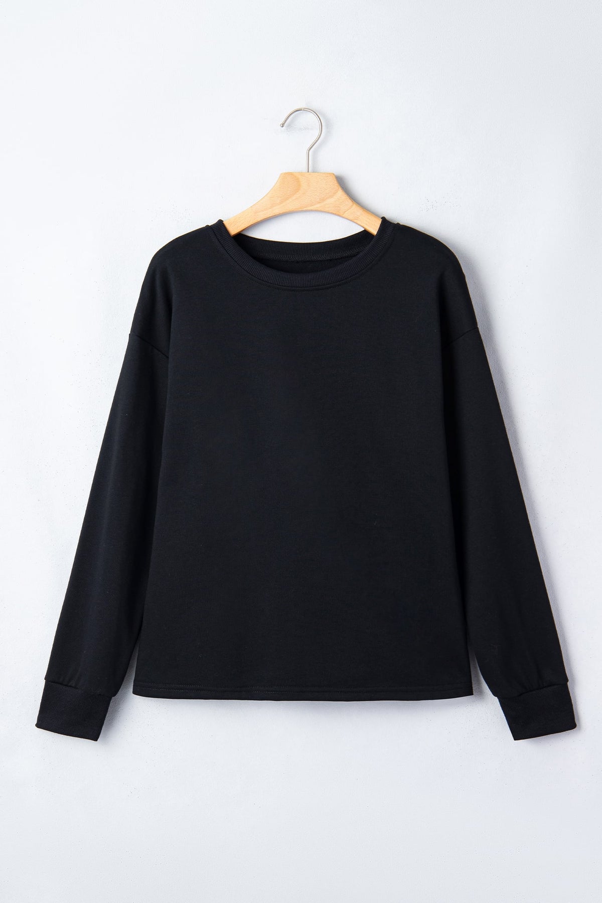 Black Solid Color Dropped Shoulder Long Sleeve Top
