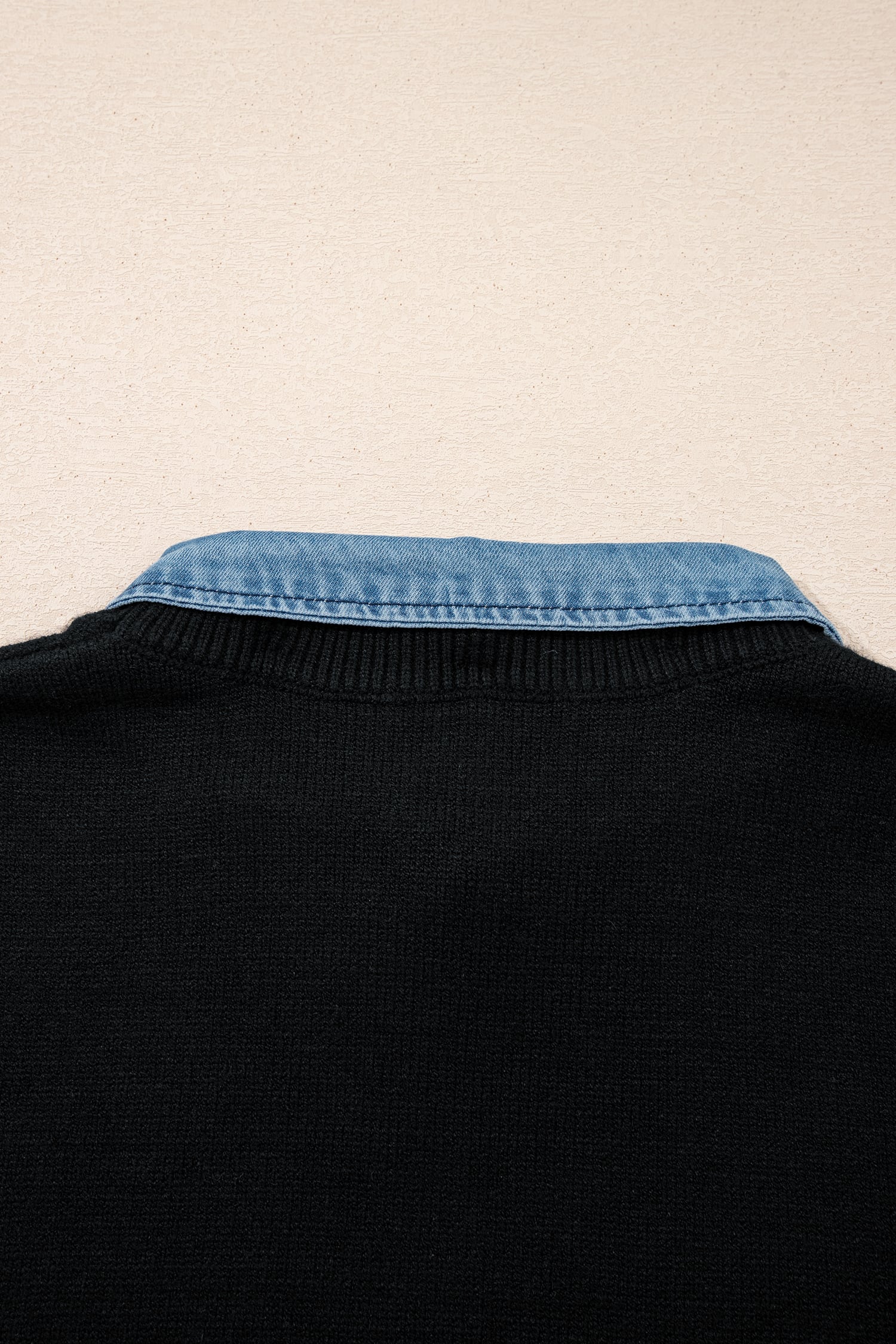 Black Solid Color Knit Contrast Denim Patchwork Collar Sweater Vest