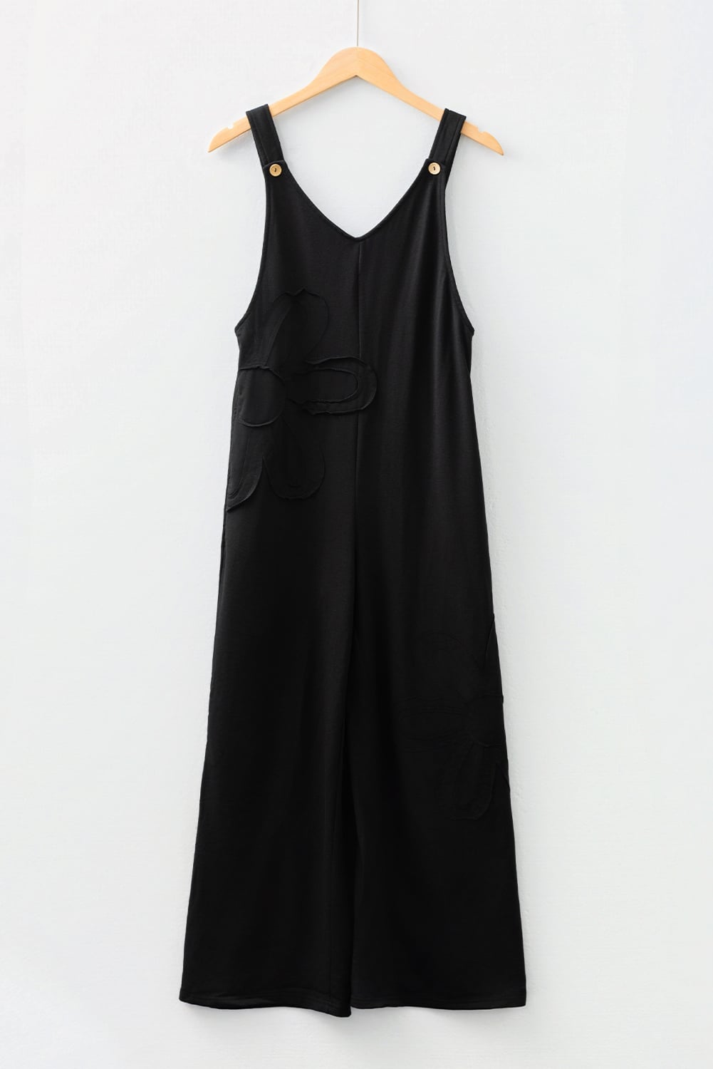 Black Solid Color Raw Seam Big Flower Patched Loose Overall Jumpsuit