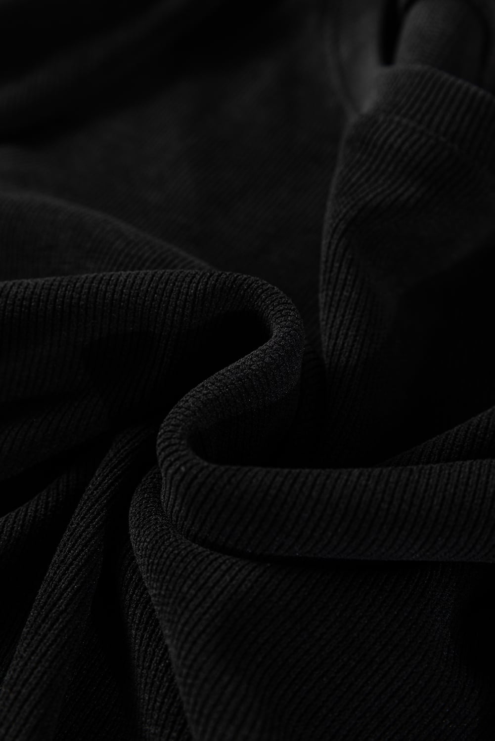 Black Solid Color Textured Knit Drop Shoulder Pullover Drawstring Shorts Set