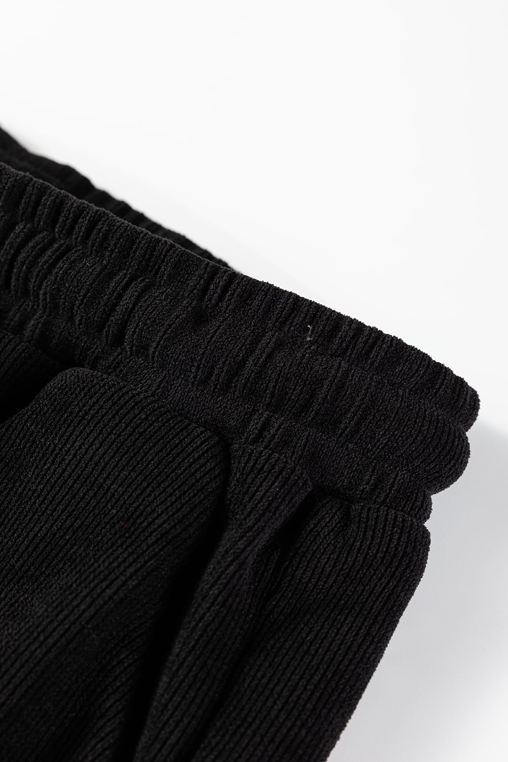 Black Solid Color Textured Knit Drop Shoulder Pullover Drawstring Shorts Set