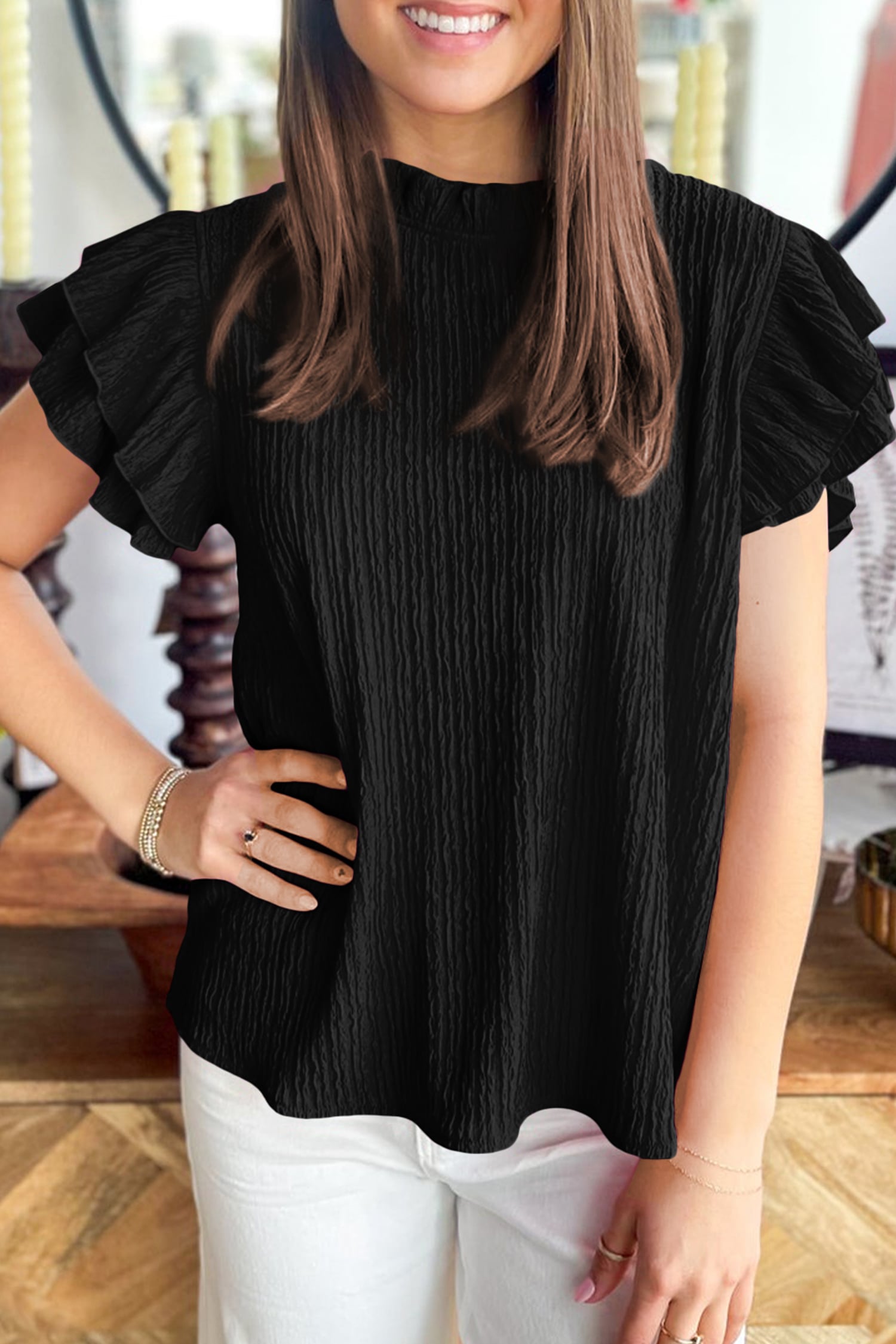 Black Solid Color Textured Ruffle Trim Short Sleeve Blouse