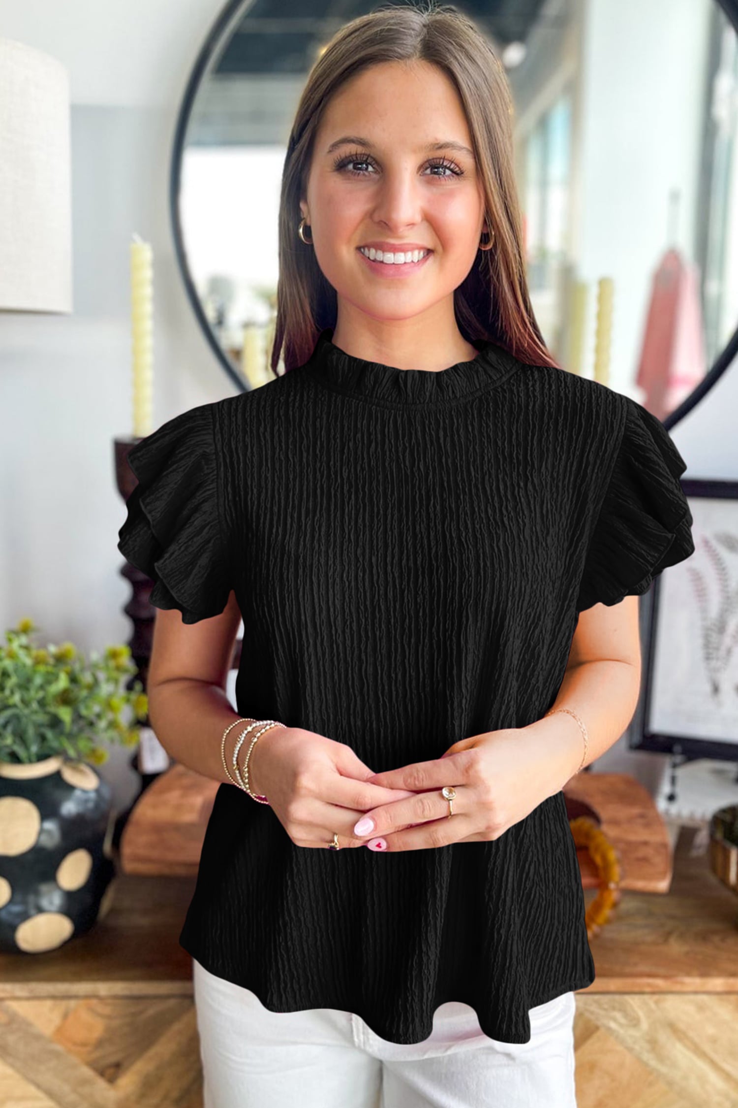 Black Solid Color Textured Ruffle Trim Short Sleeve Blouse