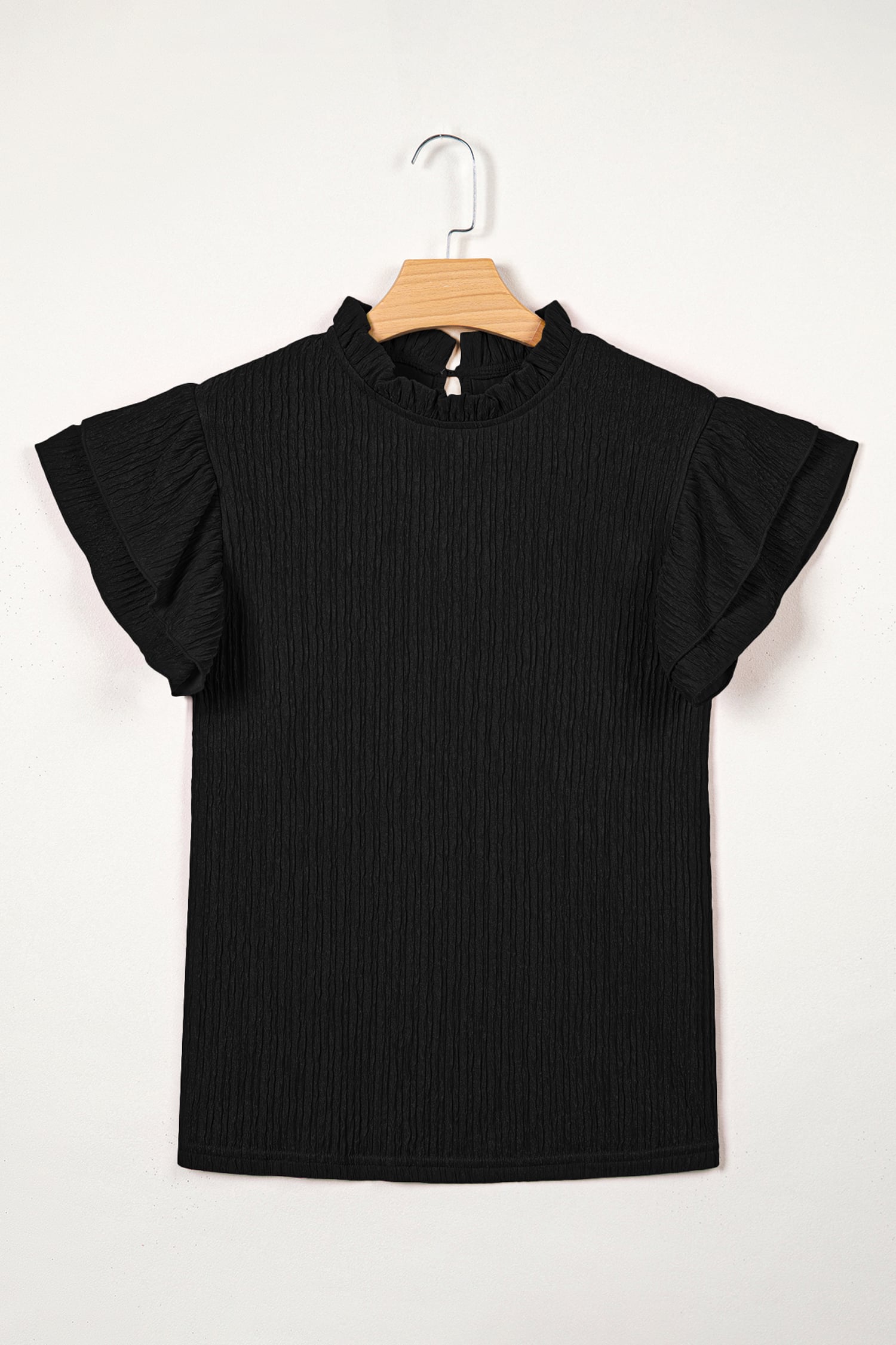 Black Solid Color Textured Ruffle Trim Short Sleeve Blouse