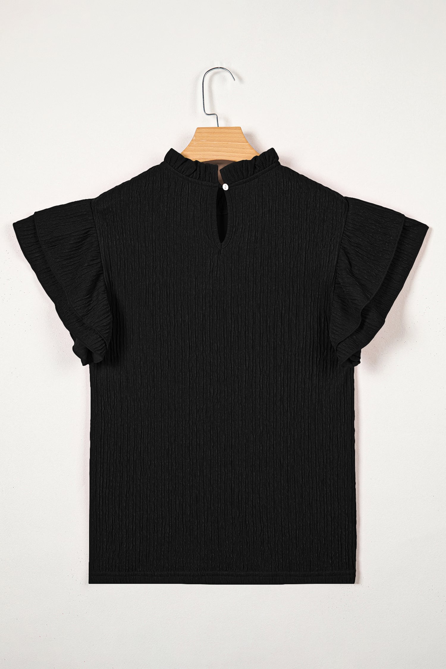 Black Solid Color Textured Ruffle Trim Short Sleeve Blouse