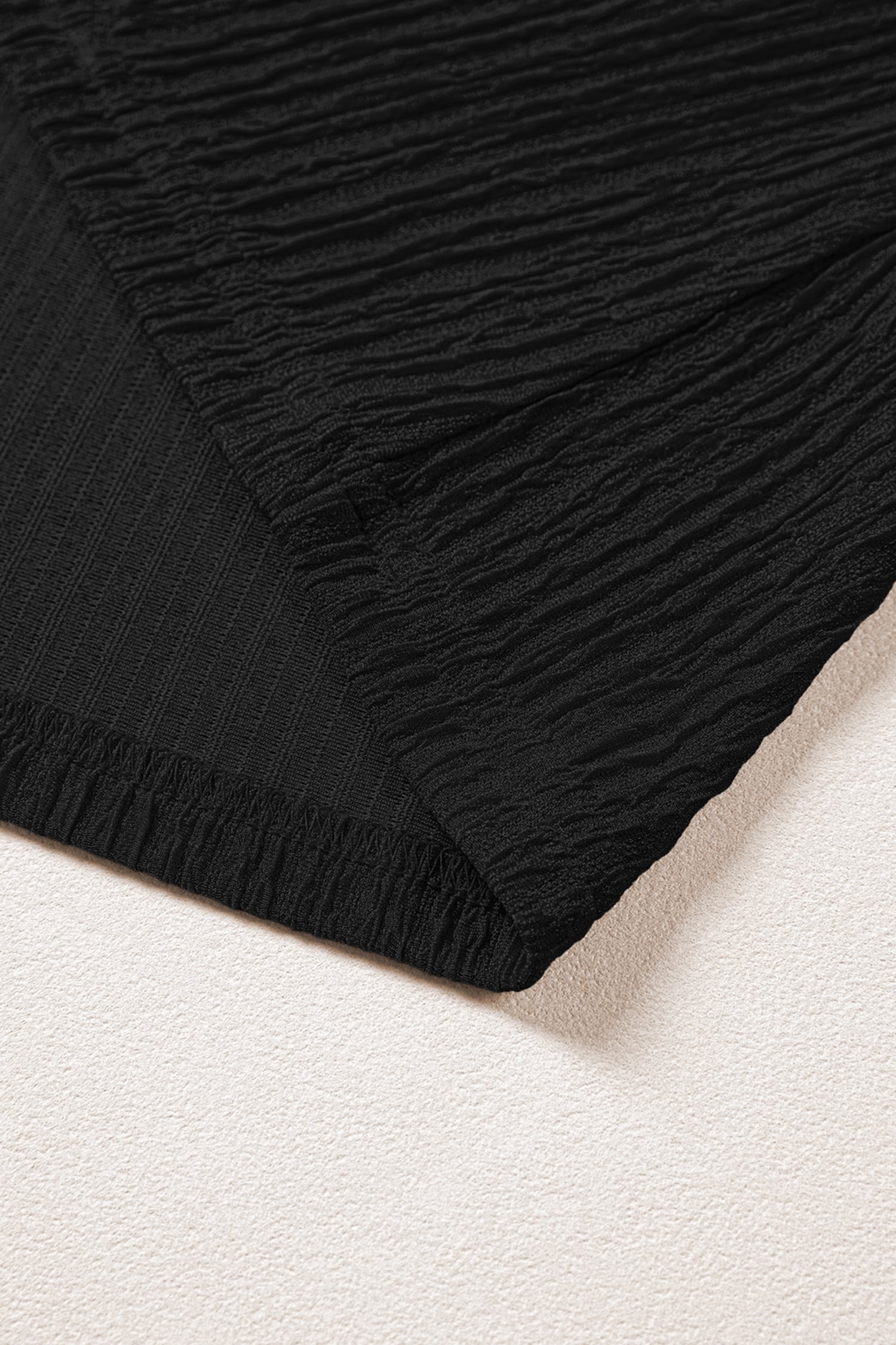 Black Solid Color Textured Ruffle Trim Short Sleeve Blouse